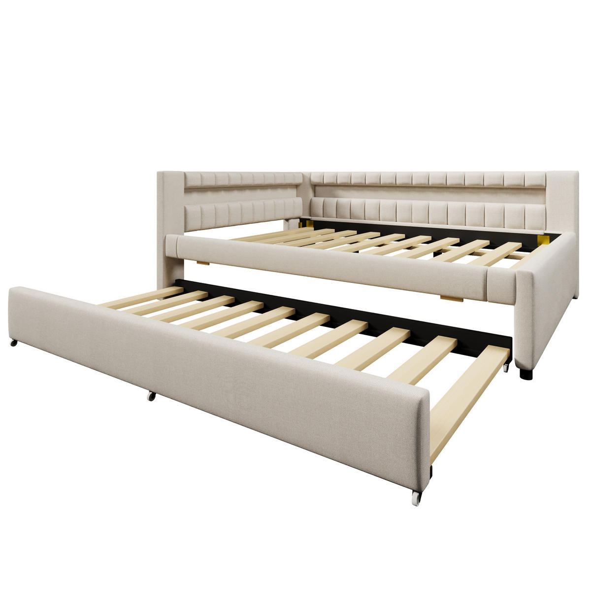 POLSTERBETT aus Leinen und MDF 140x200 cm in Beige mit LED & Ausziehbett - Beige, Textil (140/200cm) - Modfu