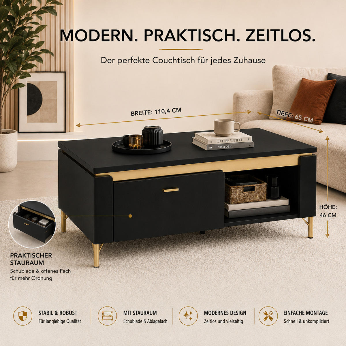 COUCHTISCH rechteckig Schwarz matt - Gold mit Staufach und Ablage - Goldfarben/Schwarz, Holzwerkstoff (65/110.04/46cm) - designimpex