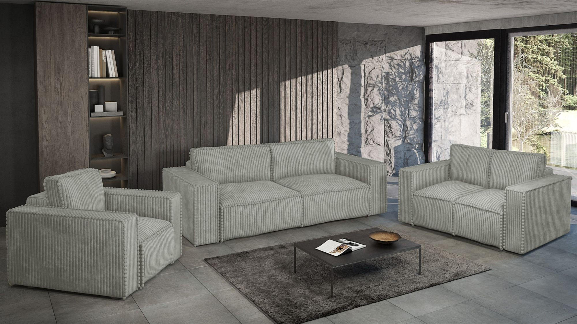 SOFASET Vajana 3-2-1 - Grün, Holzwerkstoff/Textil (240/86/102cm) - Fun Möbel