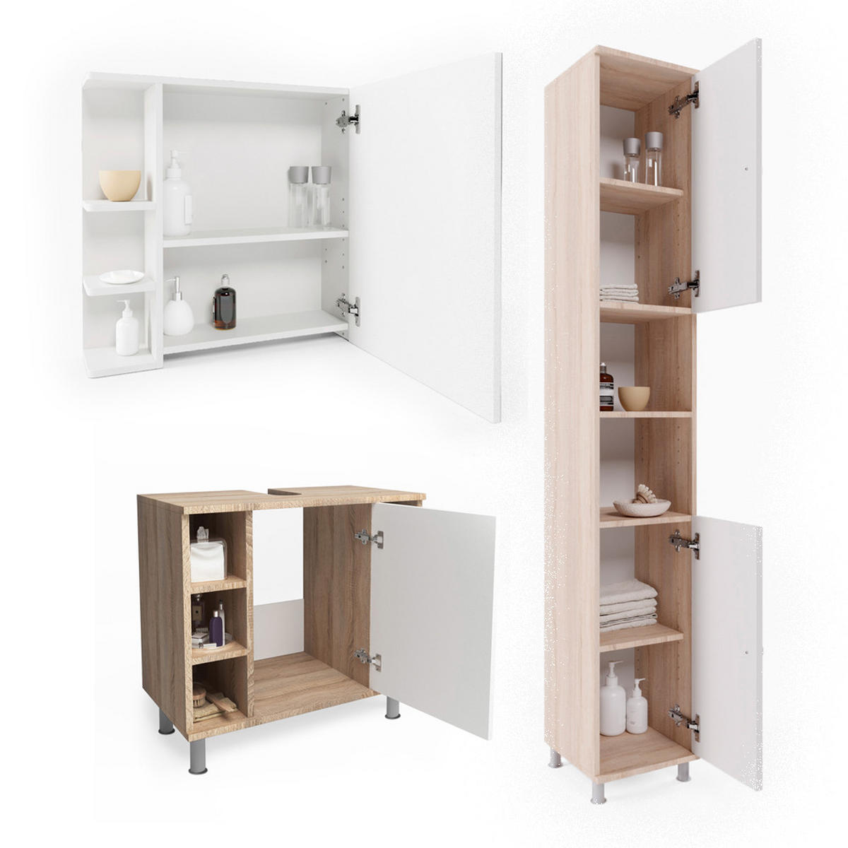 BADMÖBEL-SET Fynn Sonoma 3 Teile, mit Hochschrank - Weiß/Sonoma Eiche, Holzwerkstoff (60/54/32cm) - Vicco
