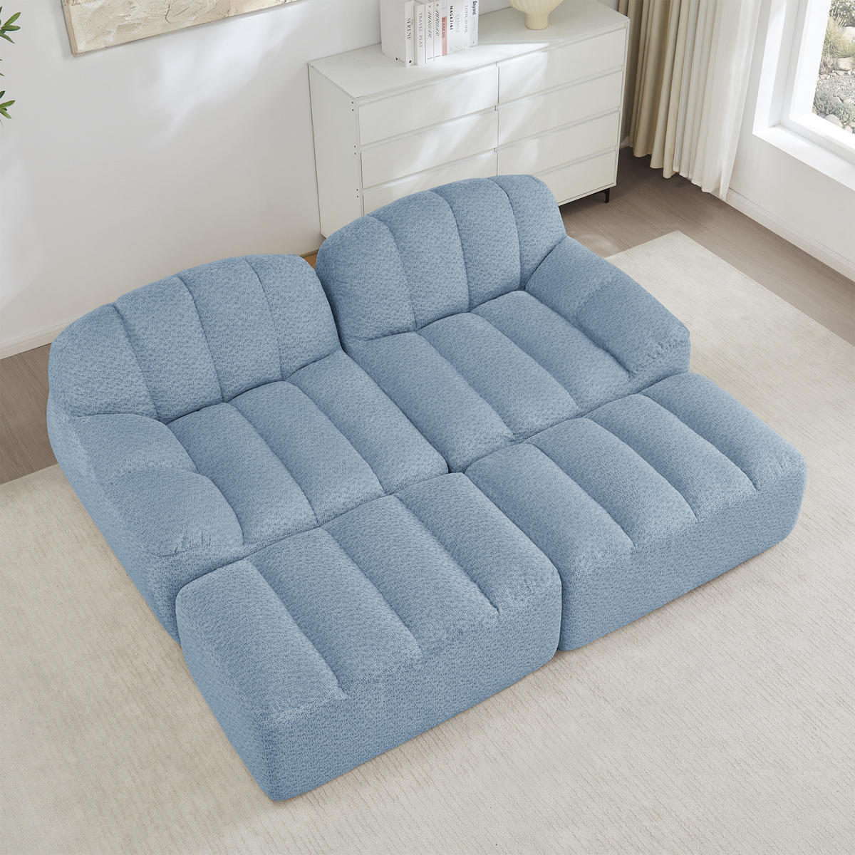 2-SITZER SOFA Granulierter Fleece Blau mit 2 Ottomans - Blau, Textil (210/79/165cm) - WISHDOR