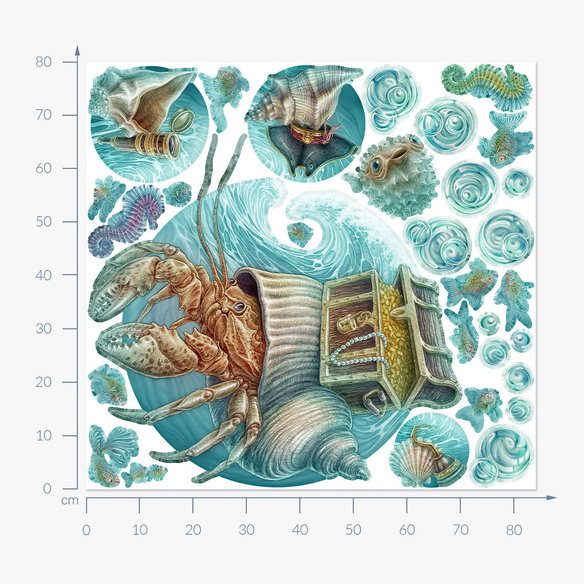 WANDAUFKLEBER 80x84cm - Krabbenwelt - Multicolor, Kunststoff (80/84/0.1cm) - Wallfluent