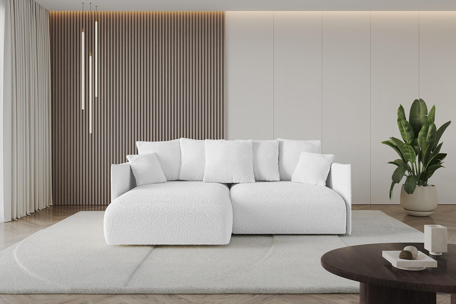 ECKSOFA mit Schlaffunktion und Bettkasten ONESK-L 208x165x40 Weiß Bouclé - Weiß, Holzwerkstoff/Kunststoff (208/165cm) - ALTDECOR
