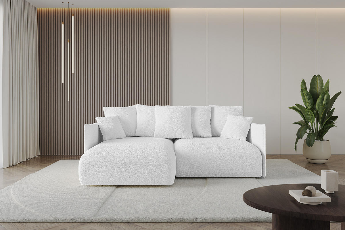 ECKSOFA mit Schlaffunktion und Bettkasten ONESK-L 208x165x40 Weiß Bouclé - Weiß, Holzwerkstoff/Kunststoff (208/165cm) - ALTDECOR