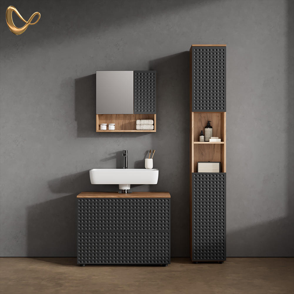 BADMÖBEL-SET Ronco Anthrazit gestreift 3 Teile, mit Schubladenschrank und Hochschrank - Eichefarben/Anthrazit, Holzwerkstoff (80/58/41cm) - Livinity®