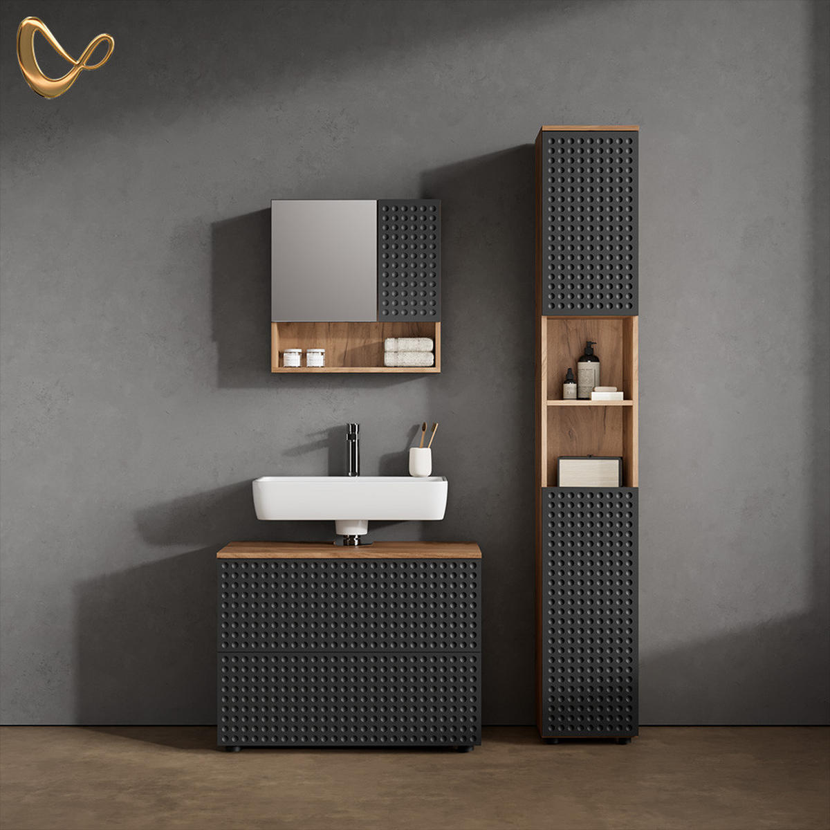 BADSPIEGELSCHRANK Ronco Anthrazit gepunktet 54 x 55 cm - Anthrazit/Eiche Wotan, Holzwerkstoff (54/55/17cm) - Livinity®
