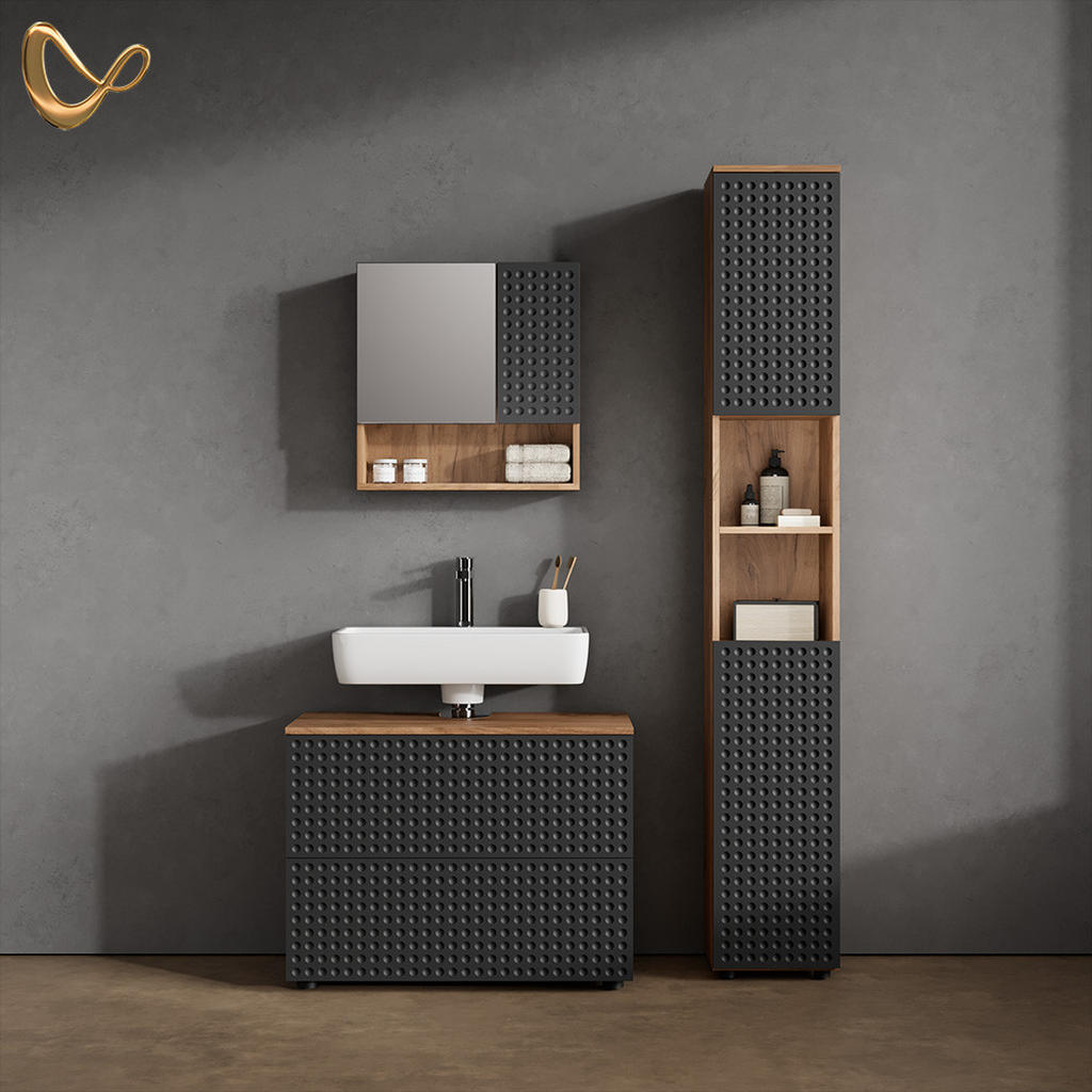 Thumbnail - Livinity® Badmöbel-Set, Anthrazit, Eiche, Holzwerkstoff, 5 Fächer, 2 Schubladen, Rechteckig, 80x58x41 cm, Badezimmer, Ba...