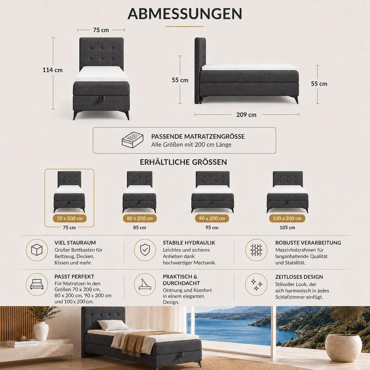 BOXBETT K15 Single SLIM mit Bettkasten & Bonell-Federkern ohne Topper - Dunkelbraun, Holz/Textil (200/70cm) - Best For Home
