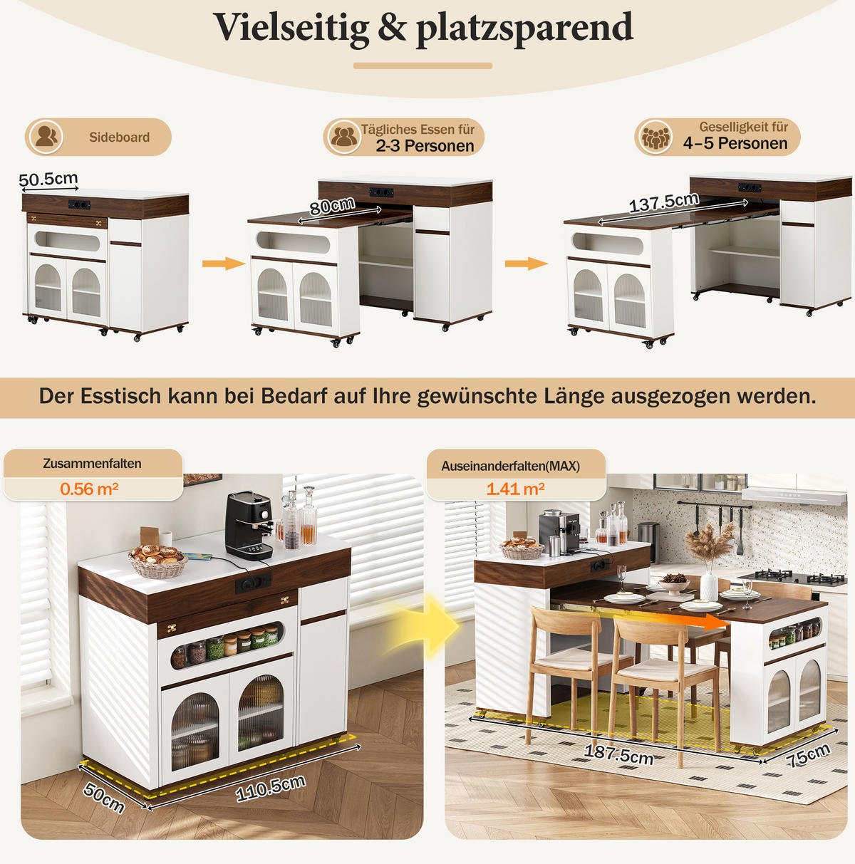 KÜCHENINSEL 50,5-187,5/110,5/95,5 cm aus MDF mit ausziehbarer Tischplatte Weiß/Walnussfarben - Walnussfarben, Holzwerkstoff (110.5/95.5/50.5cm) - Modenvie