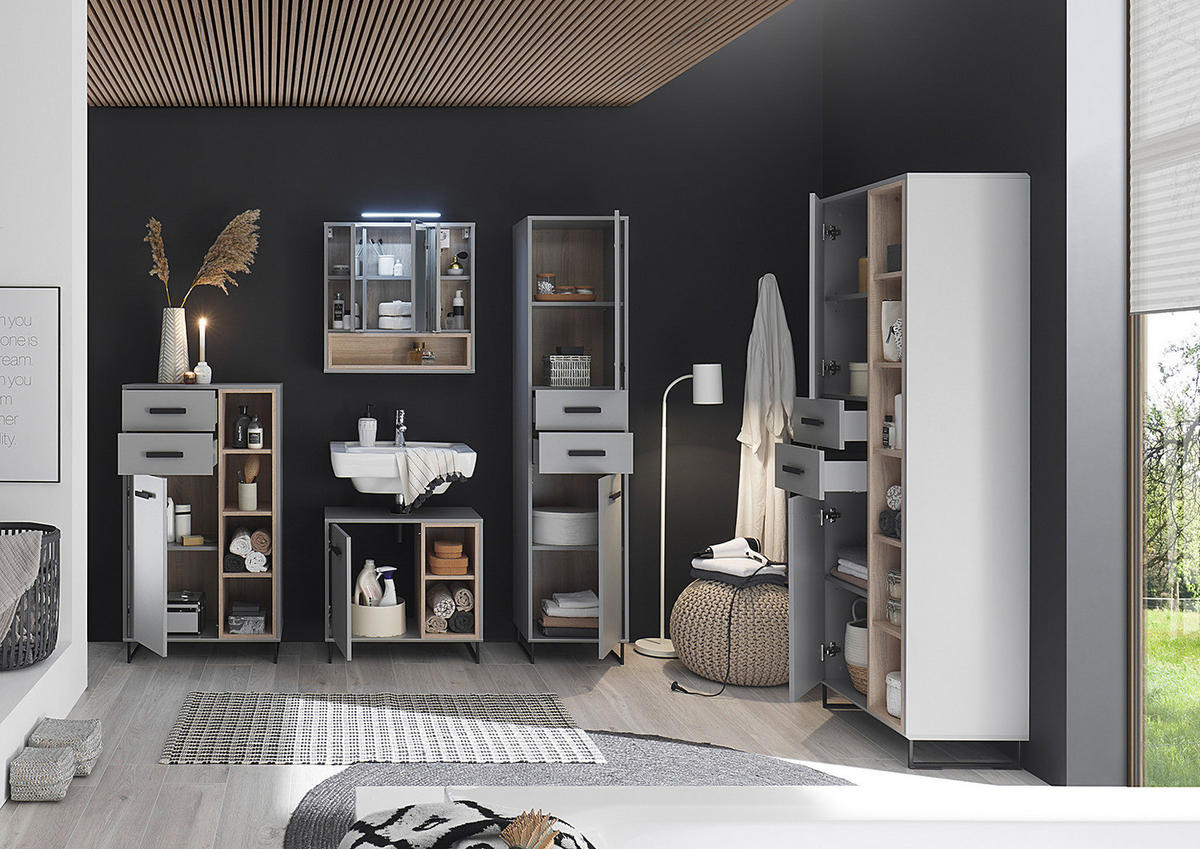 SPIEGELSCHRANK - Inklusive Beleuchtung - Matt Grau / Eiche Sonoma Dekor - Grau, Holzwerkstoff (65/65/16cm) - home24