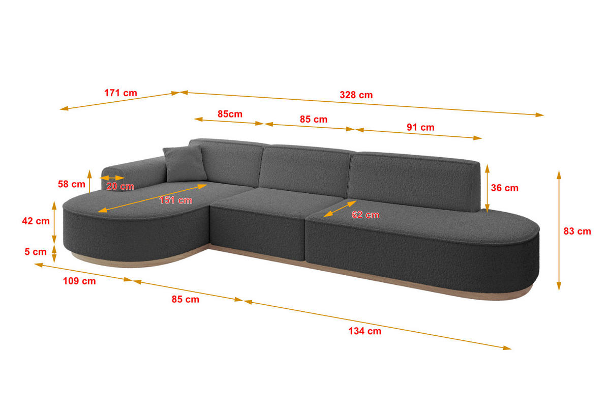 ECKSOFA Ottomane Links MARI-L2-v1 - 328x171x83 cm Grau Bouclé - Grau, Holzwerkstoff/Textil (328/171cm) - ALTDECOR