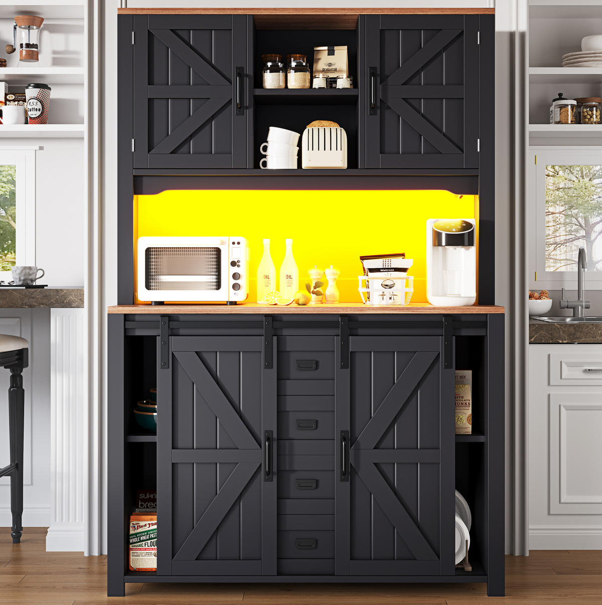 BUFFET 115/40/174,7 cm in Schwarz mit LED-Beleuchtung und Schiebetüren - Schwarz, Holzwerkstoff (115/174.7/40cm) - Flora Grace