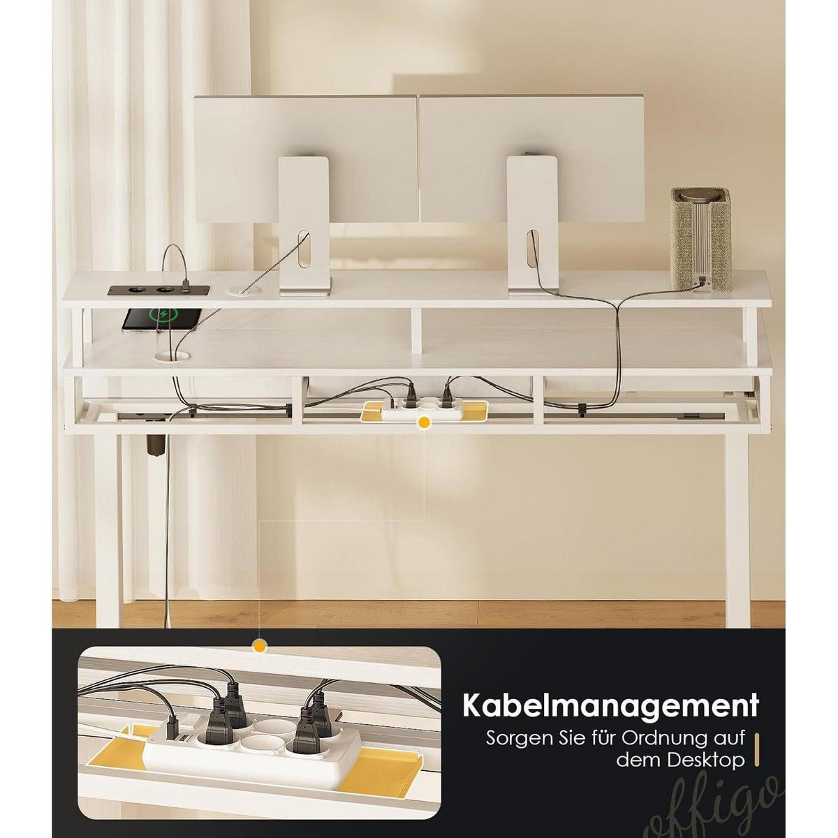 ELEKTRISCHER Schreibtisch mit Schubladen 140 cm Weiß - Weiß, Holzwerkstoff (54/140/78cm)