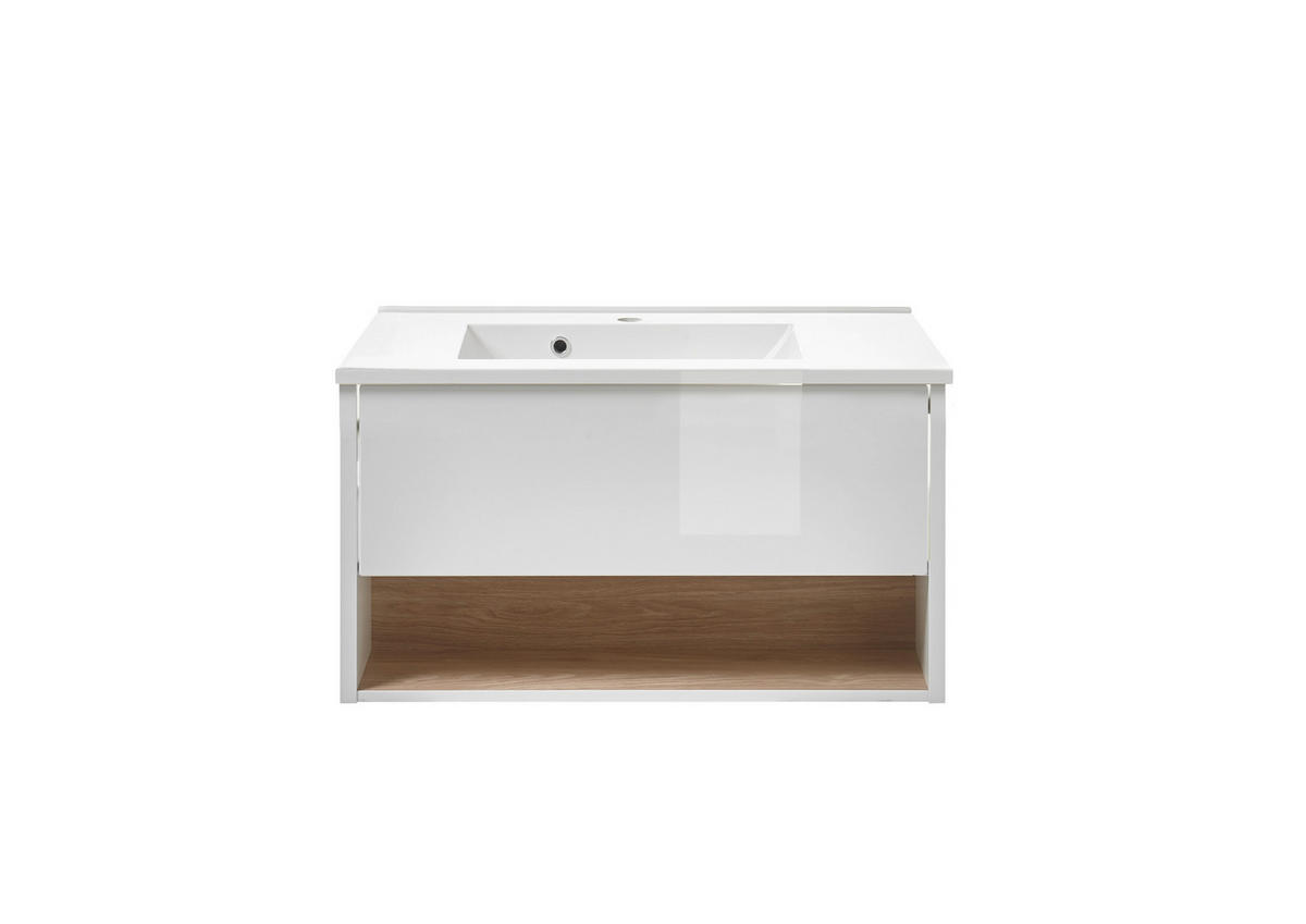 WASCHTISCH M20 Weiß Hochglanz & Eiche Dekor 80/44/47 cm schmal mit Waschbecken - Weiß Hochglanz/Eichefarben, Holzwerkstoff (80/44/47cm) - Livojo