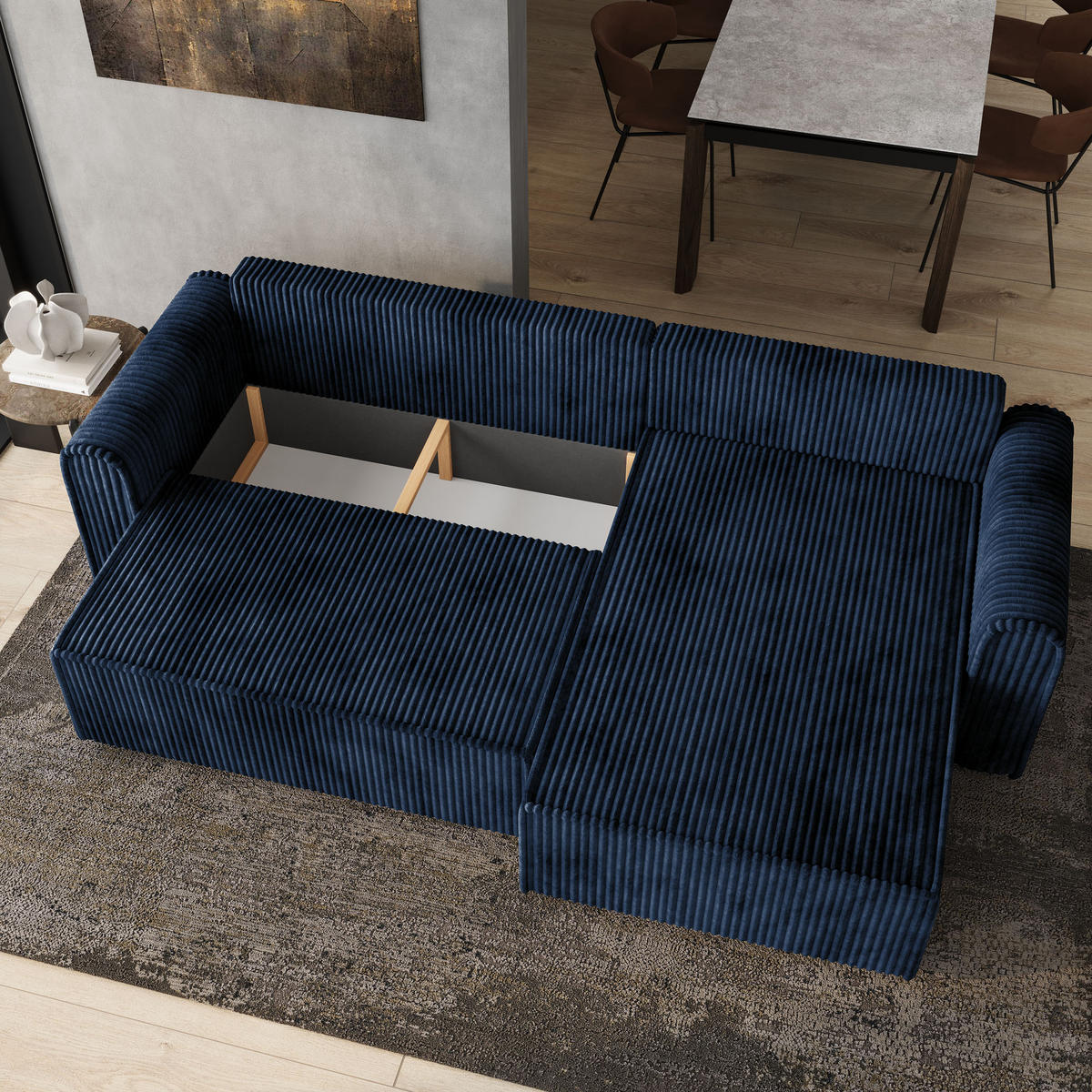 ECKSOFA VALTINO Blau Kordstoff mit Schlaffunktion - Blau, Holz (275/148cm) - MASSENO