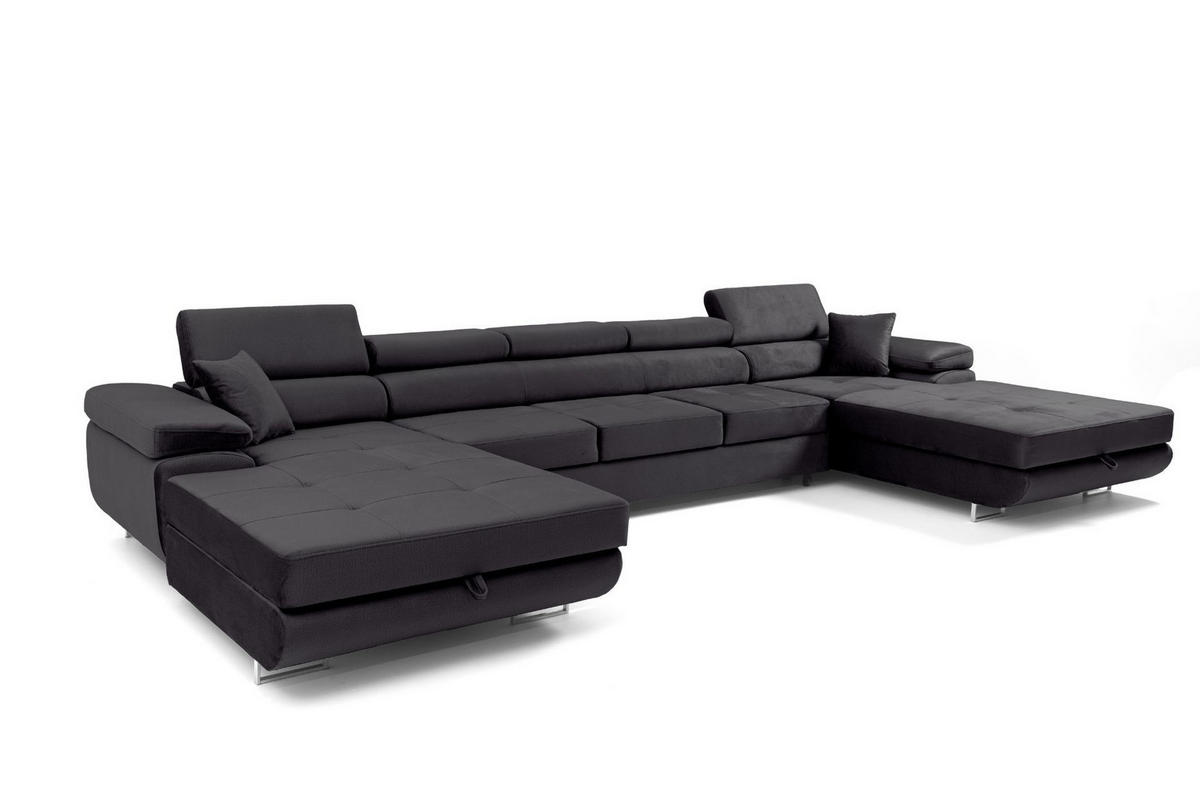 ECKSOFA U-Form ALONZO MAXI U mit Schlaffunktion 125x318 Velours Schwarz - Silberfarben/Schwarz, Holz/Textil (400/90/203cm) - Muffo