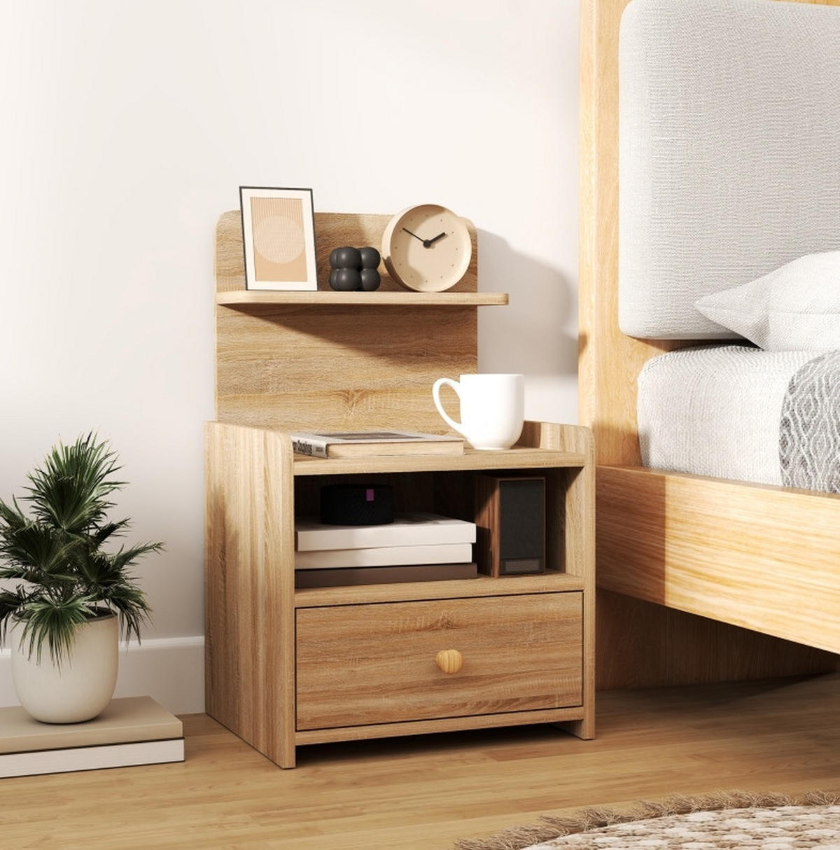 NACHTTISCH 40/35/66 cm mit Schublade & offenem Fach in Eichenoptik - Naturfarben, Holz (40/66/35cm) - BEAOK