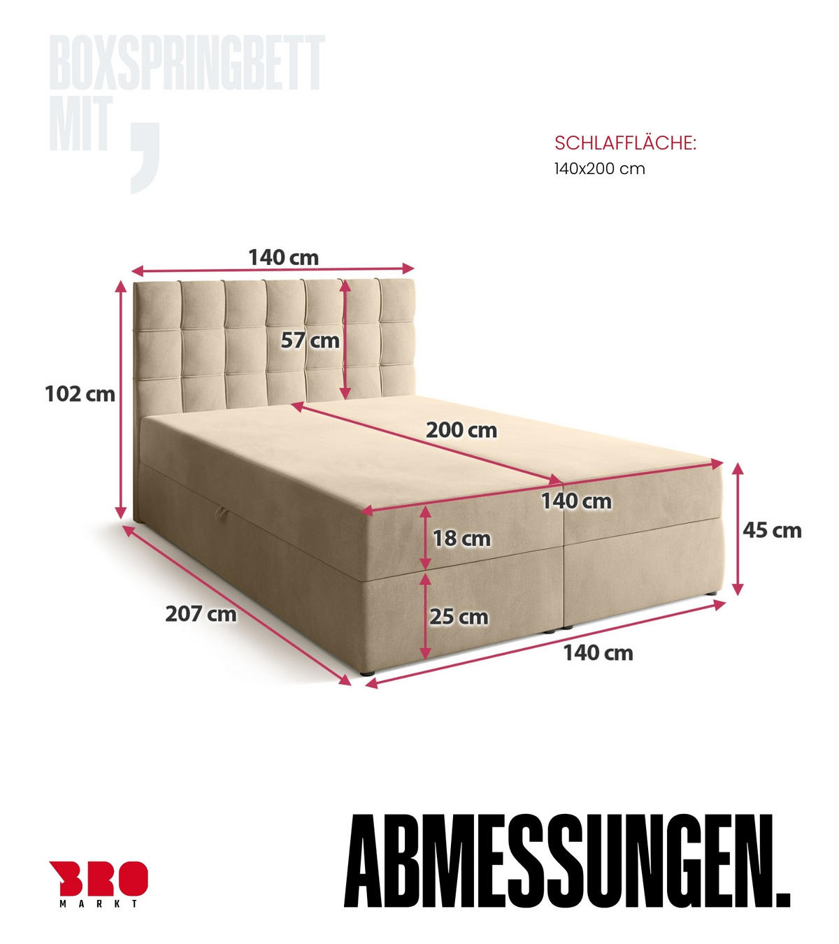BOXBETT Detroit mit Topper 140/200 Beige - Beige, Holzwerkstoff/Textil (140/200cm) - Bromarkt