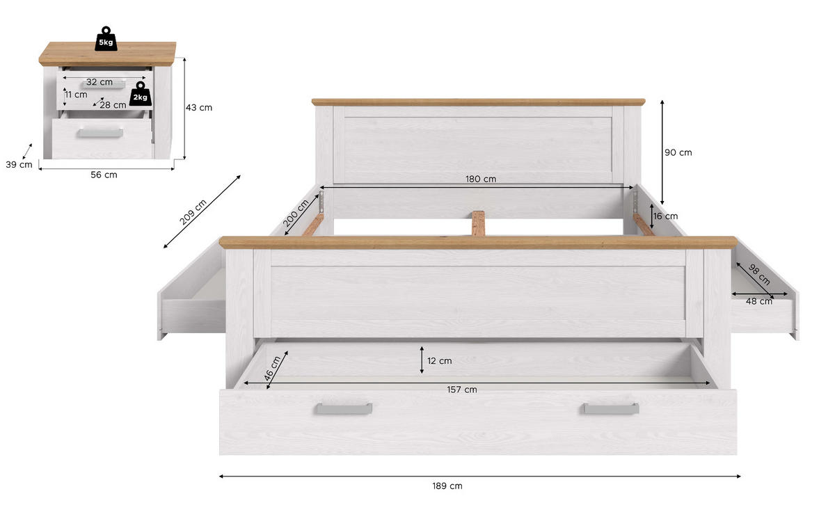 SCHLAFZIMMER weiß Lärche, Eiche Artisan Landhaus Set mit Bett inklusive Bettschubkästen, Nachttisch - Eichefarben/Silberfarben, Holzwerkstoff/Kunststoff (180/200cm) - Inn.Furn