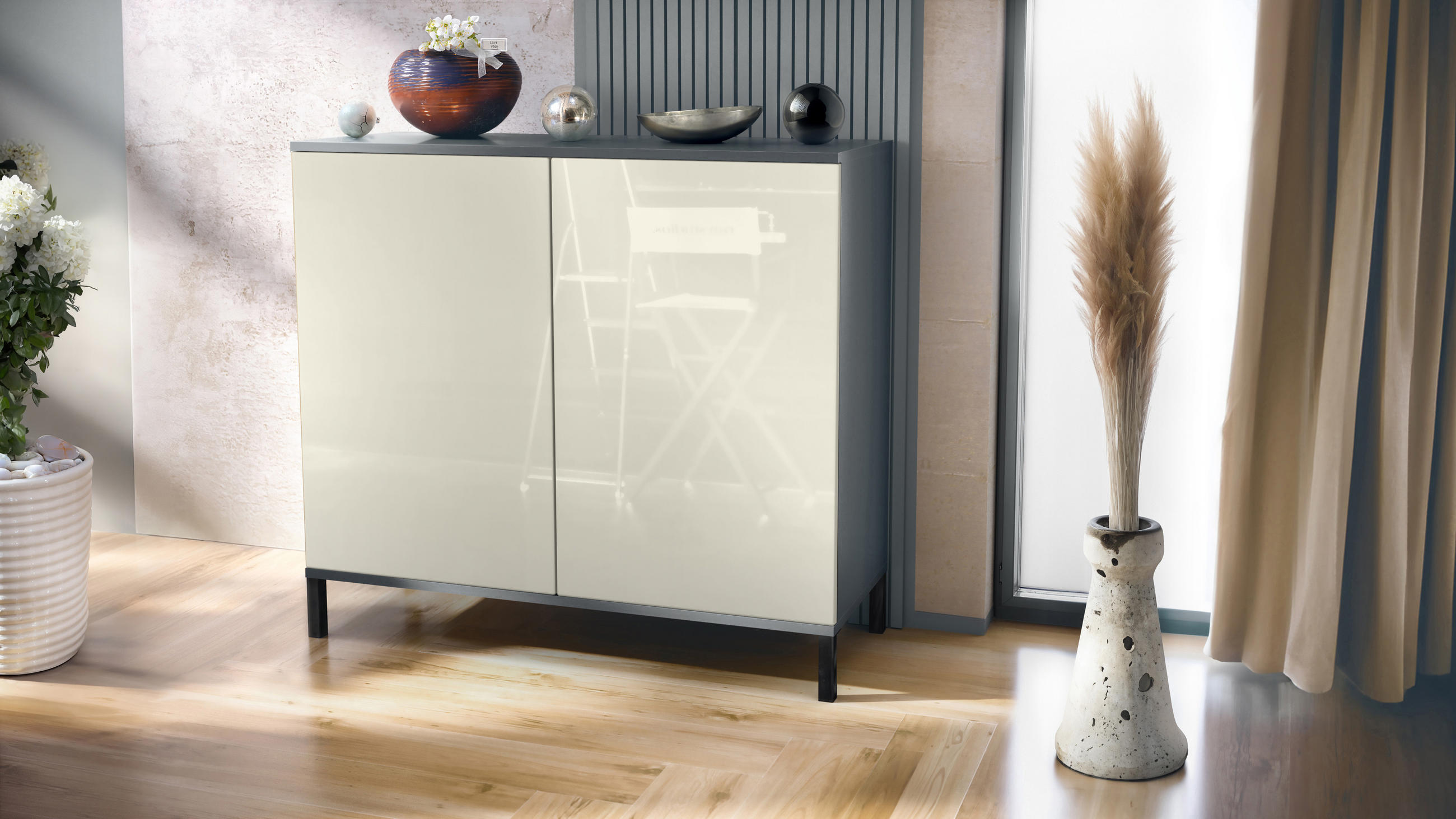 KOMMODE Skadu Creme Hochglanz - Creme, Holzwerkstoff (92.5/83.5/35cm) - Vladon