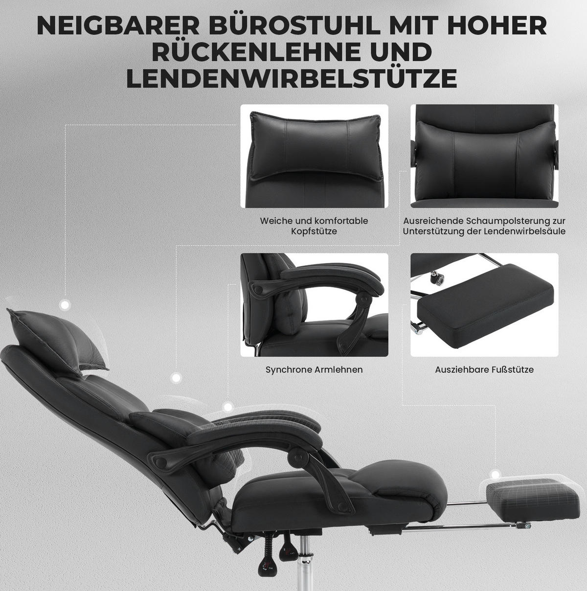 ERGONOMISCHER Bürostuhl in Schwarz 48x65x120 cm mit Fußstütze und verstellbarer Lendenstütze - Schwarz, Textil (65/120/48cm) - IVMEU