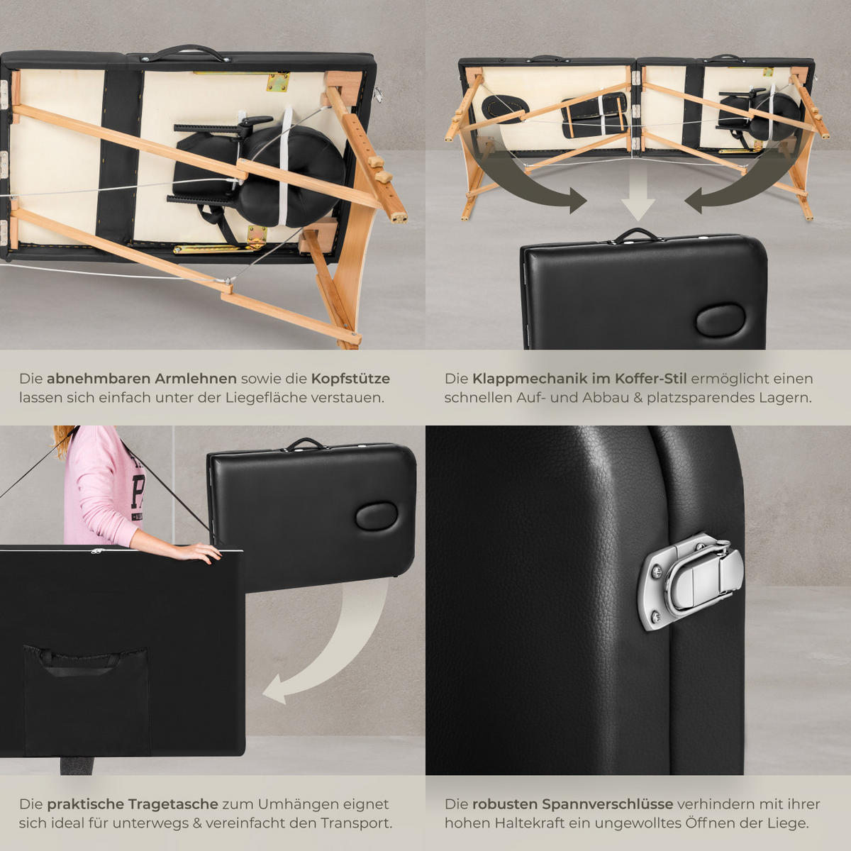 MASSAGELIEGE 3 Zonen Daniel,210 x 95 x 84 cm,schwarz - Schwarz, Holz (61/62/185cm) - tectake