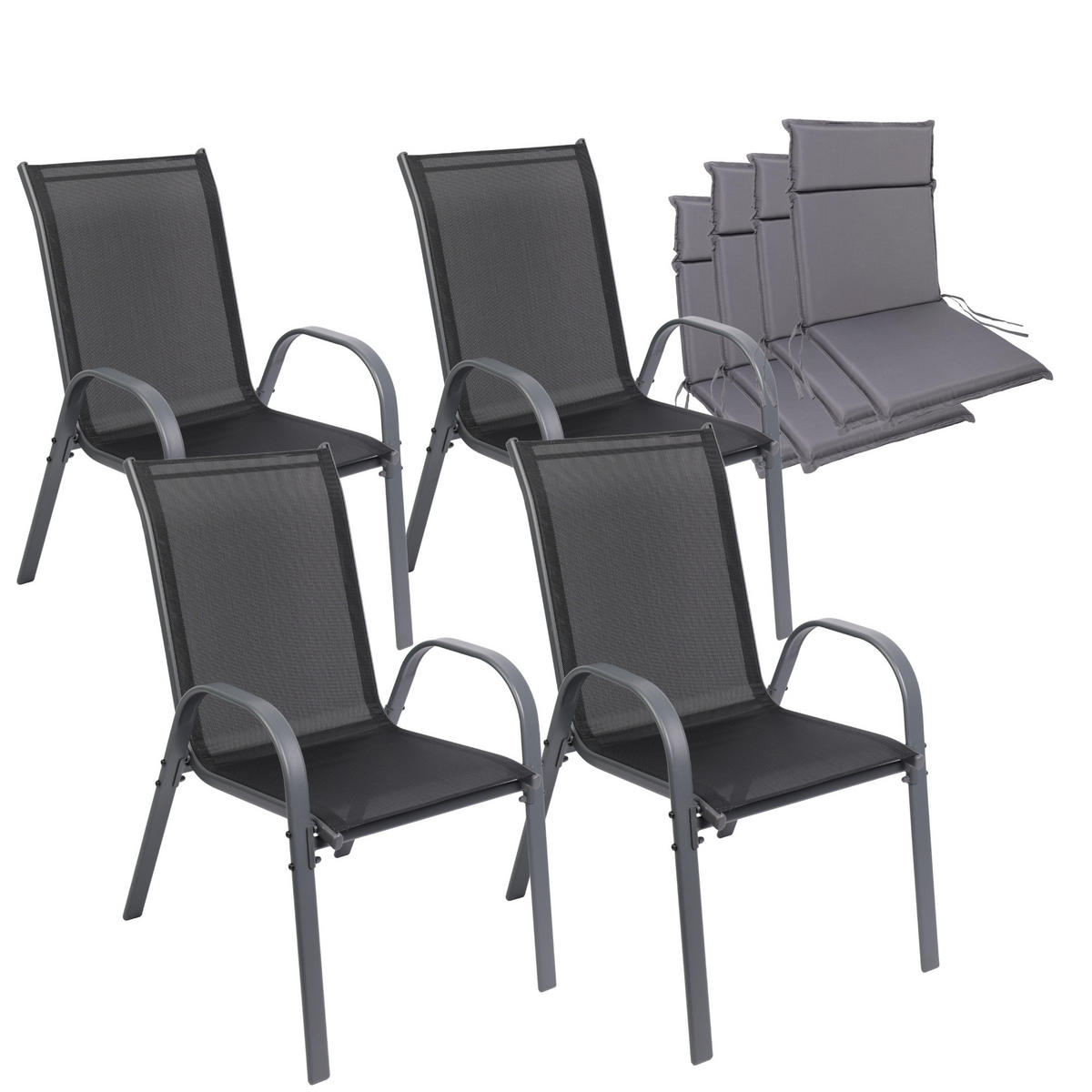 GARTENSTUHL KUBA stapelbar, 4er Set mit Sitzkissen - Anthrazit, Metall (54/84/64cm) - Albatros