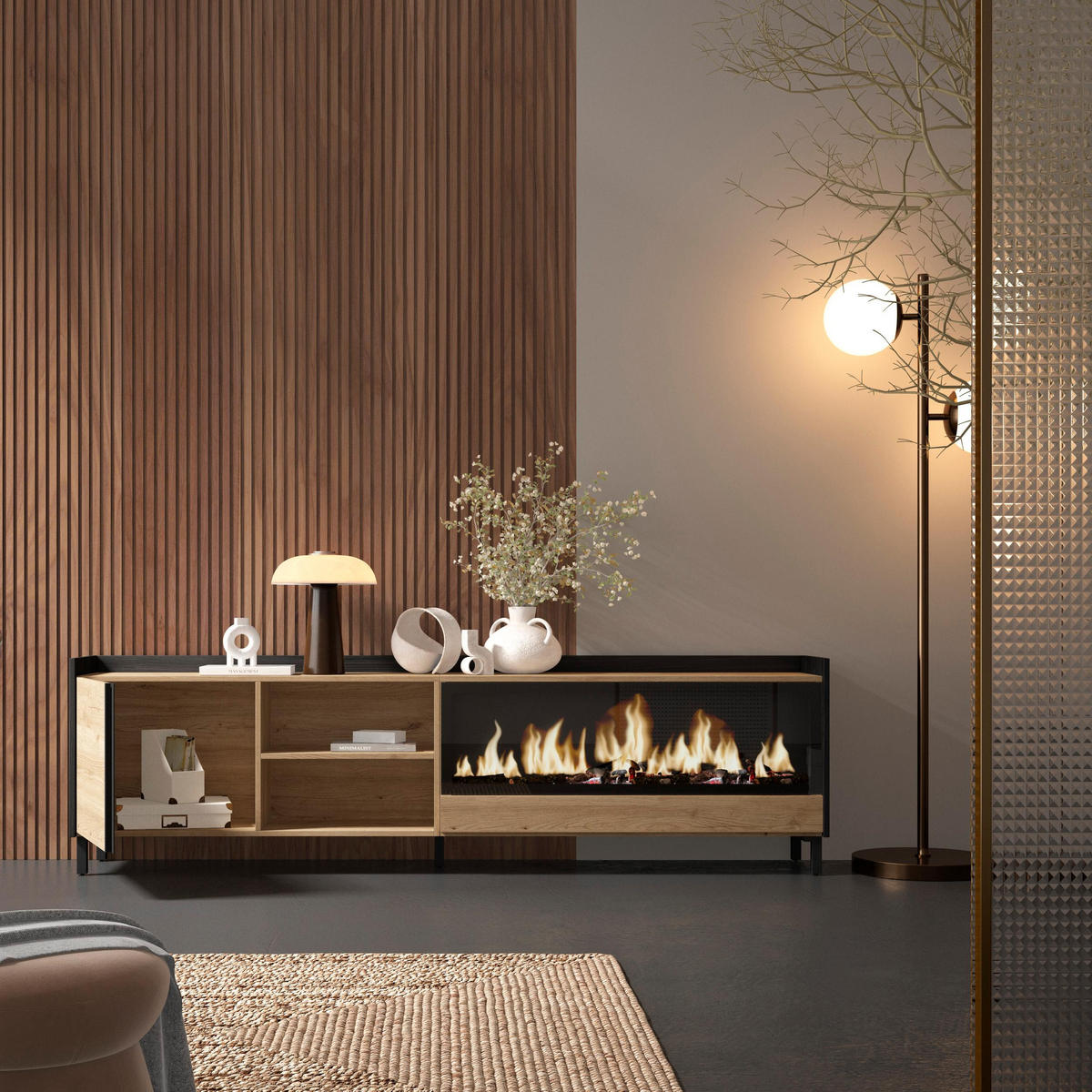 LOWBOARD, Eiche und Schwarz, 212/35/61cm, Kamin mit Feuereffekt XXL - Eichefarben, Holzwerkstoff (212/61/35cm) - Skraut Home