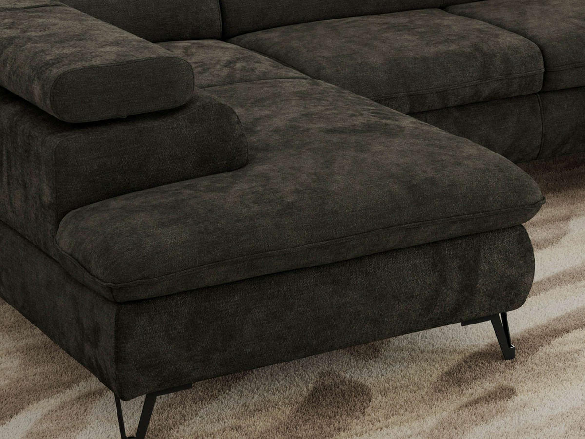 WOHNLANDSCHAFT PABLO U Schenille glatt Dunkelgrau mit Topper Visco - Dunkelgrau/Schwarz, Textil/Metall (346/76/208cm) - MKS