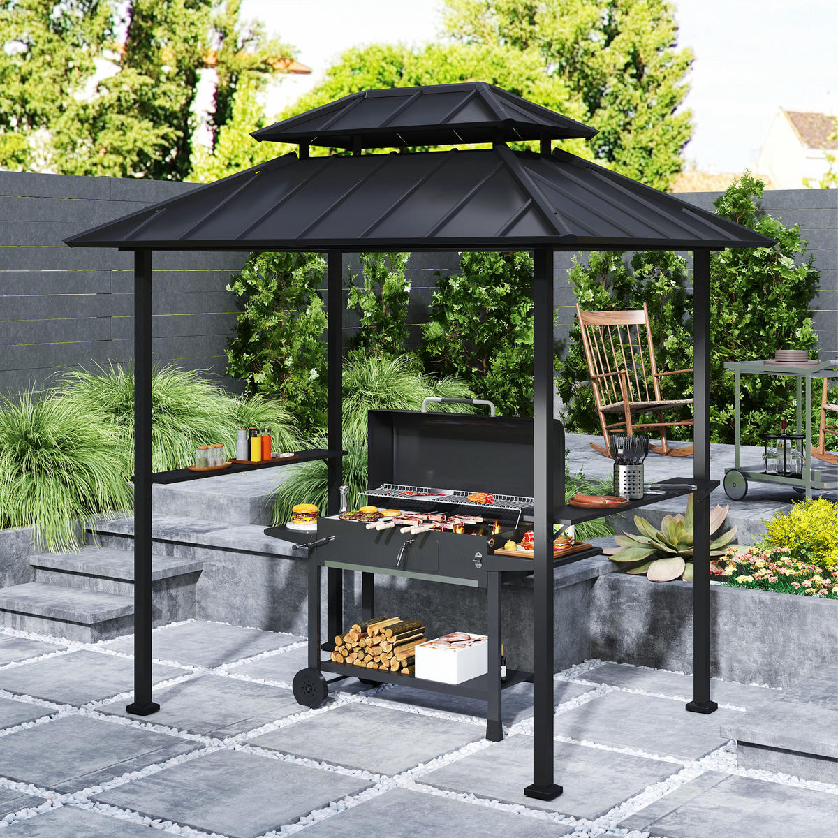 PAVILLON DE-12658 244/184/258 cm Doppeldach mit 2 Regalen Schwarz - Schwarz, Metall (467.36/655.32/619.76cm) - ComfortXL
