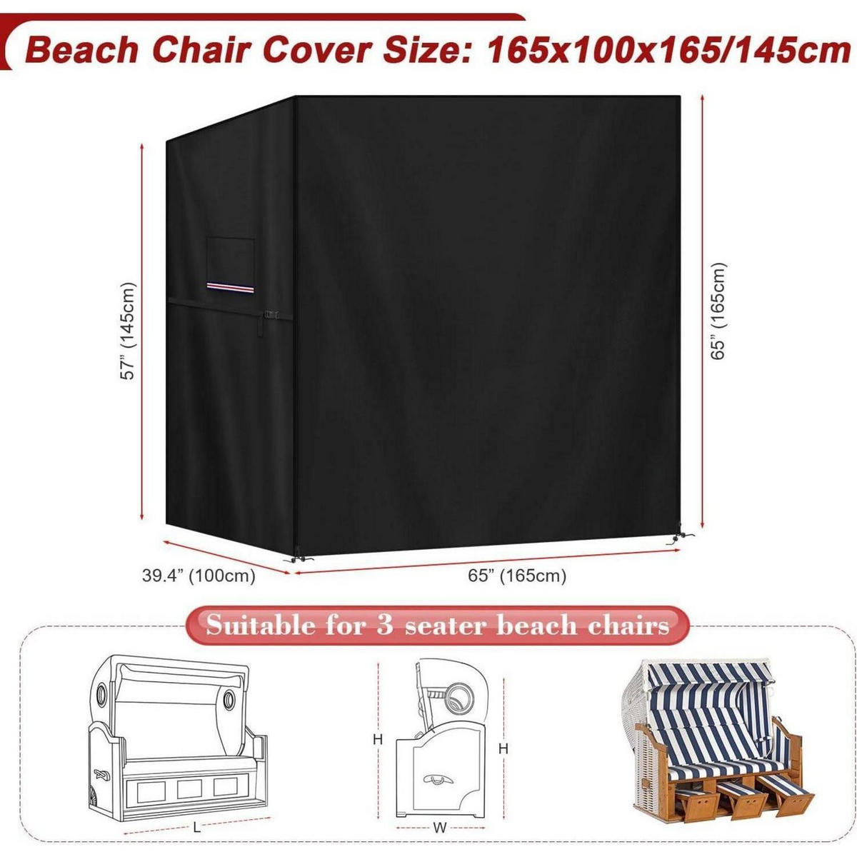 STRANDKORB Abdeckplane 165 x 100 x 165/145 cm Wasserdicht - Schwarz, Kunststoff (165/165/165cm)
