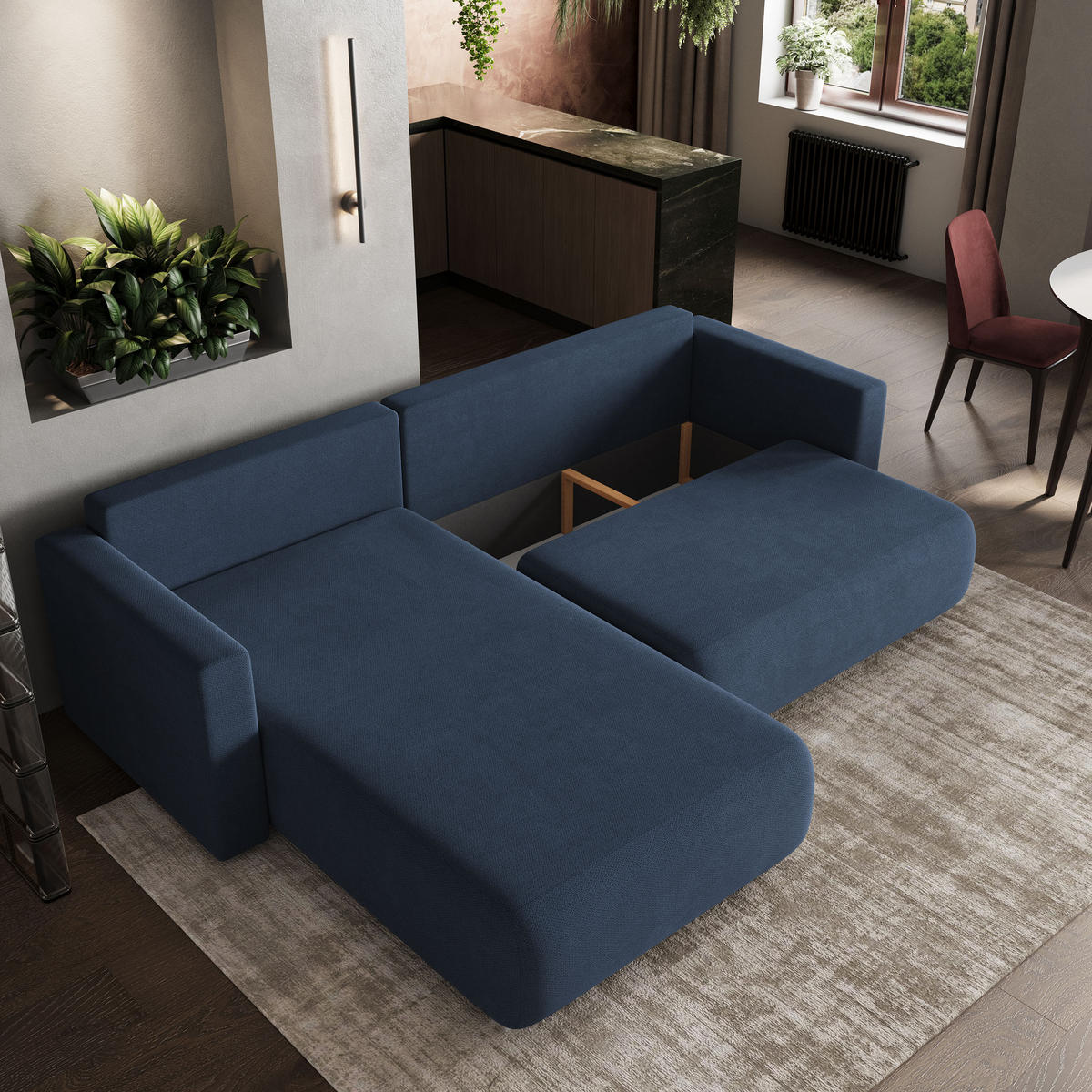 ECKSOFA TURIN Blau Geflochtener Stoff mit Schlaffunktion - Blau, Holz (265/183cm) - MASSENO