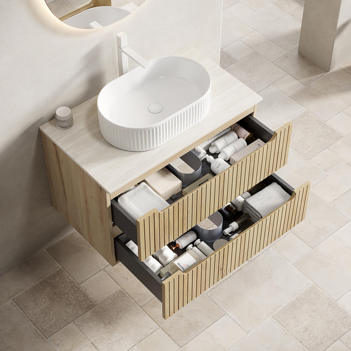 WASCHTISCHUNTERSCHRANK 80x46x62.2cm Weiß/Eiche mit ovalem Keramikbecken & 2 Schubladen - Eichefarben, Keramik (80/62.2/46cm) - Modfu