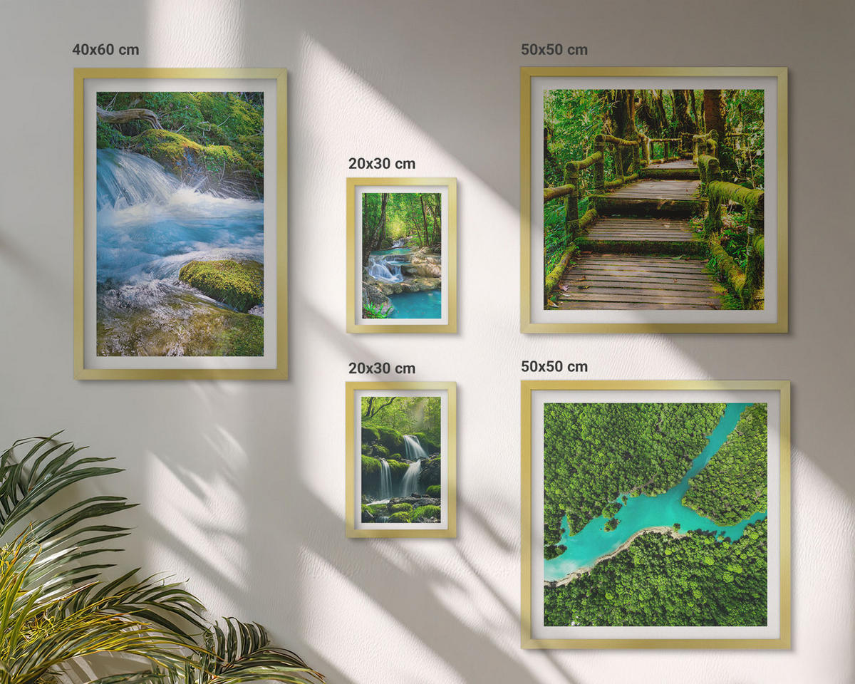 WANDBILDER 5er Set - 50x50 cm & 20x30 cm & 40x60 cm Goldrahmen - Grüne Berge, Flussfelsen - Goldfarben, Kunststoff (40/60cm) - ArtPrintCave