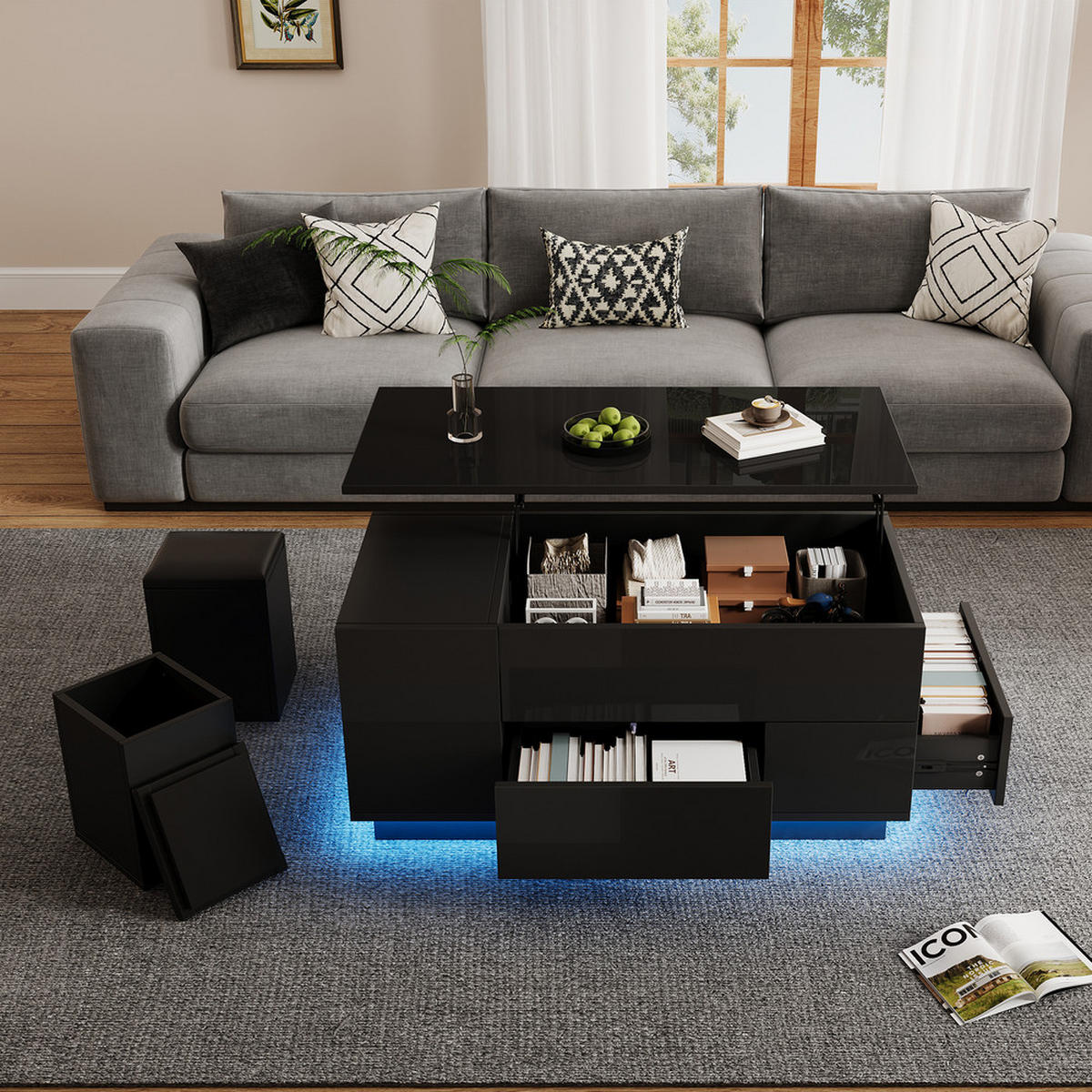 COUCHTISCH 100x50cm Schwarz Höhenverstellbar LED 4in1 2 Schubladen 50kg - Schwarz, Holz (62.76/50.8/20.32cm) - FLIEKS