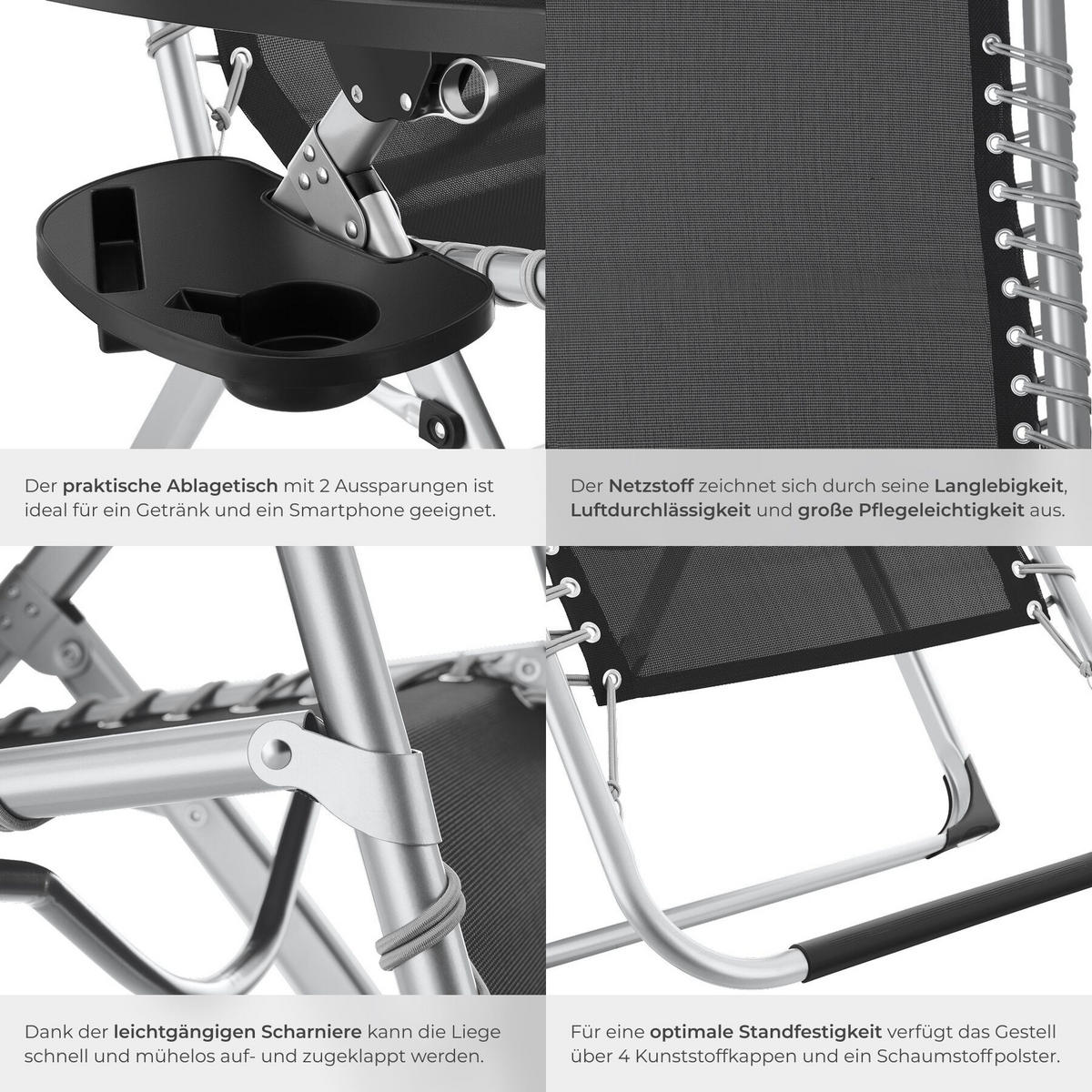 SONNENLIEGE 2er Set Cloud II, mit Ablagetisch und Stautasche, hellgrau - Hellgrau, Kunststoff (84/103/168cm) - tectake