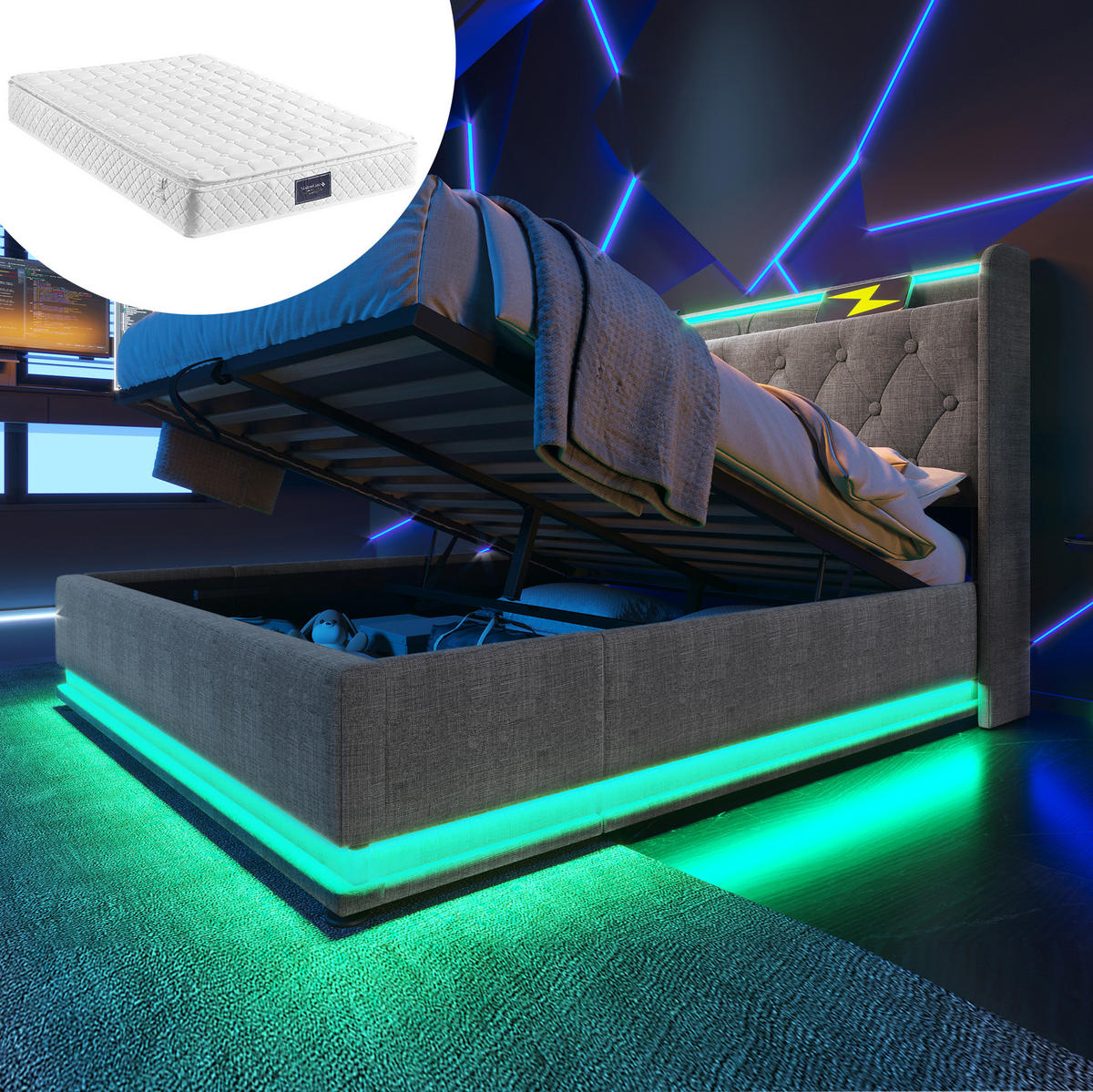 BETT mit LED und Stauraum 140x200 cm Leinen Grey inkl. Matratze - Grau, Metall (140/200cm) - Meubliv