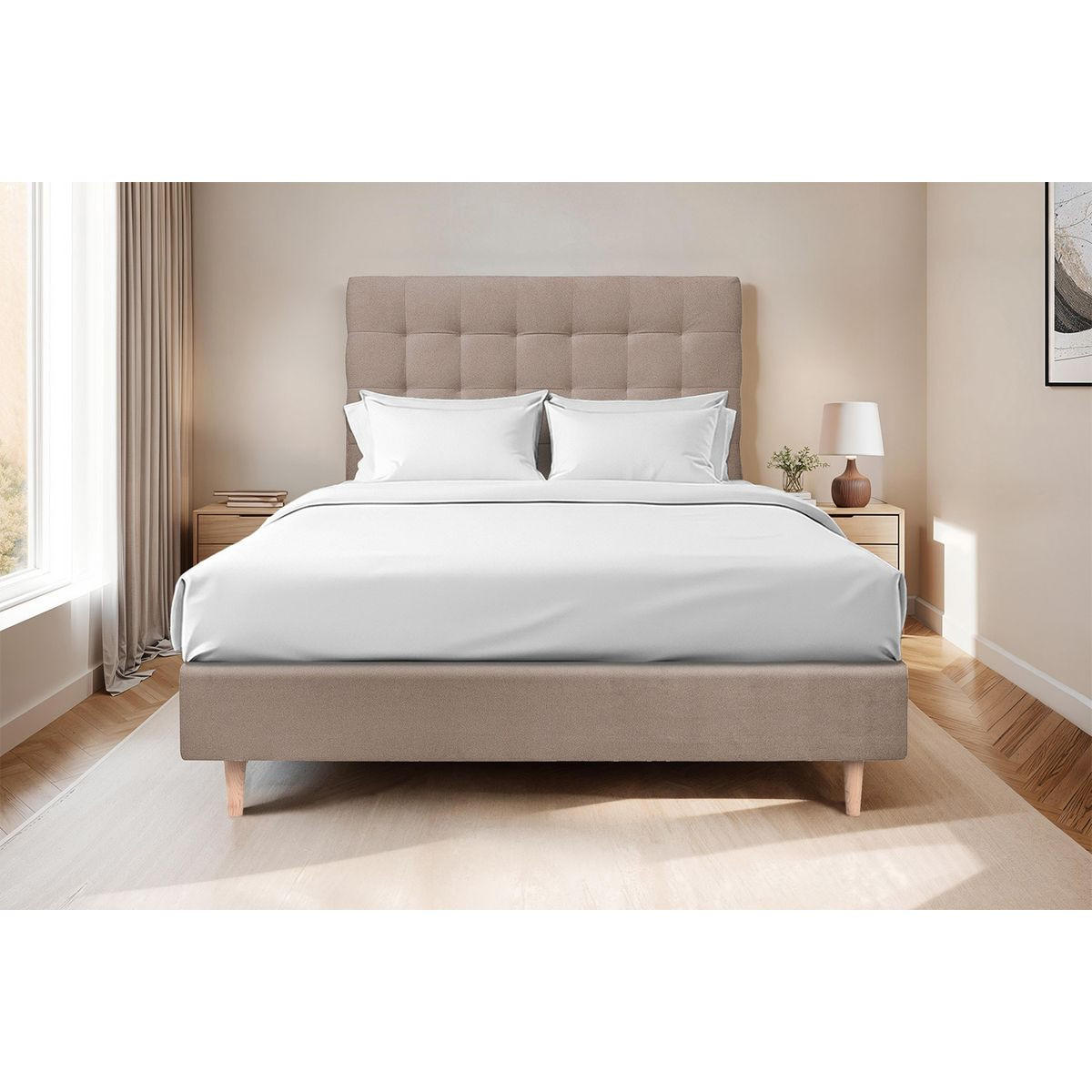 KOPFTEIL gepolstert - Gesteppt – taupefarbener Samtstoff - 200 cm - Taupe/Beige, Karton/Holz (200/120/10cm) - Sommeil de Plomb