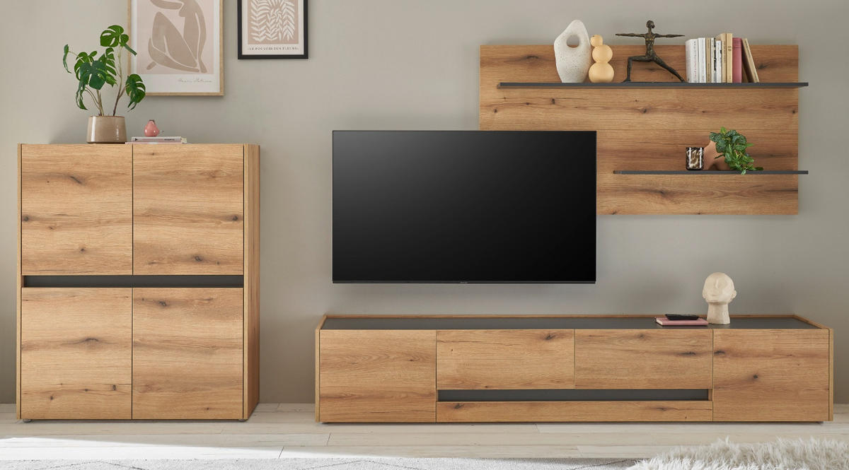WOHNWAND Evoke Eiche, grau, Wohnkombination Set 3-teilig, 343 cm - Eichefarben/Schwarz, Holz/Holzwerkstoff (360/180/45cm) - Furn.Design