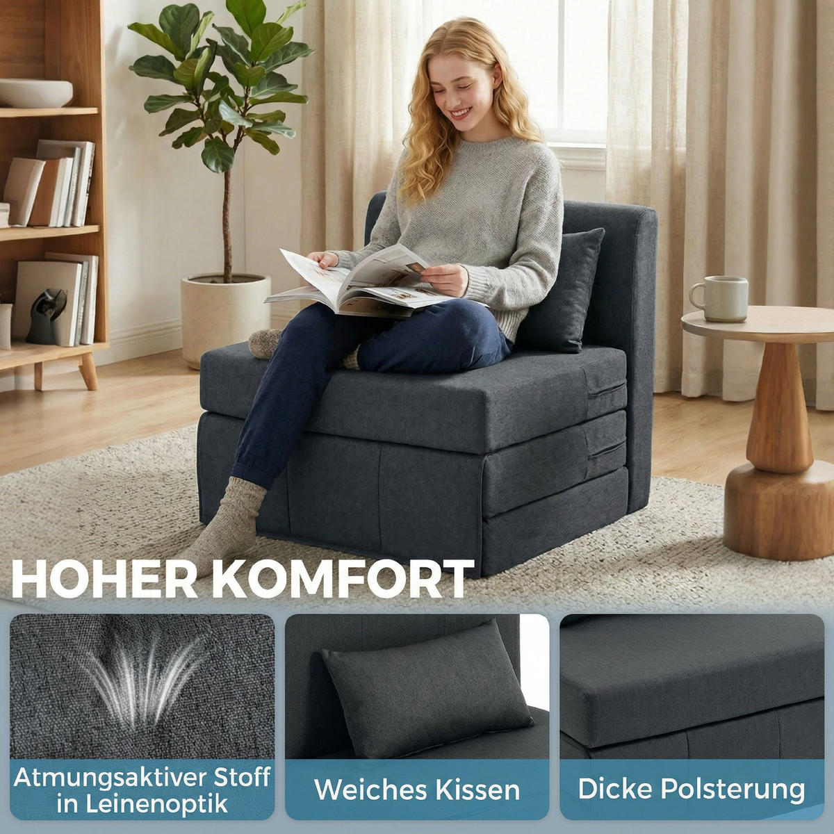SCHLAFSESSEL DE-06578 klappbares Sofa-Bett, Leinenstruktur Dunkelgrau - Dunkelgrau, Holz/Textil (75/74/80cm) - ComfortXL
