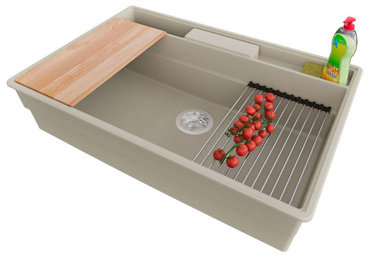 SPÜLBECKEN New York, 2-er set Beige 78/53 cm 1 Becken + Ablauf-Set + Küchenzubehörset ab 80er Unterschrank - Chromfarben/Beige, Kunststoff (78/20/53cm) - Primagran