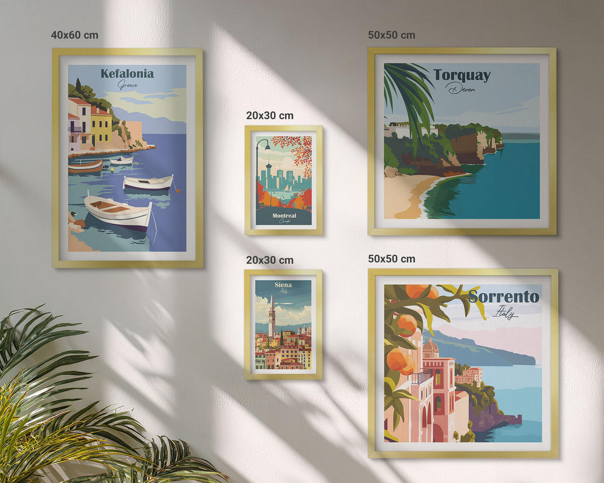 BILDER SET 5er Set - 50x50 cm & 20x30 cm & 40x60 cm Goldrahmen - Retro-Illustrationen berühmter Orte - Goldfarben, Kunststoff (40/60cm) - TULUP