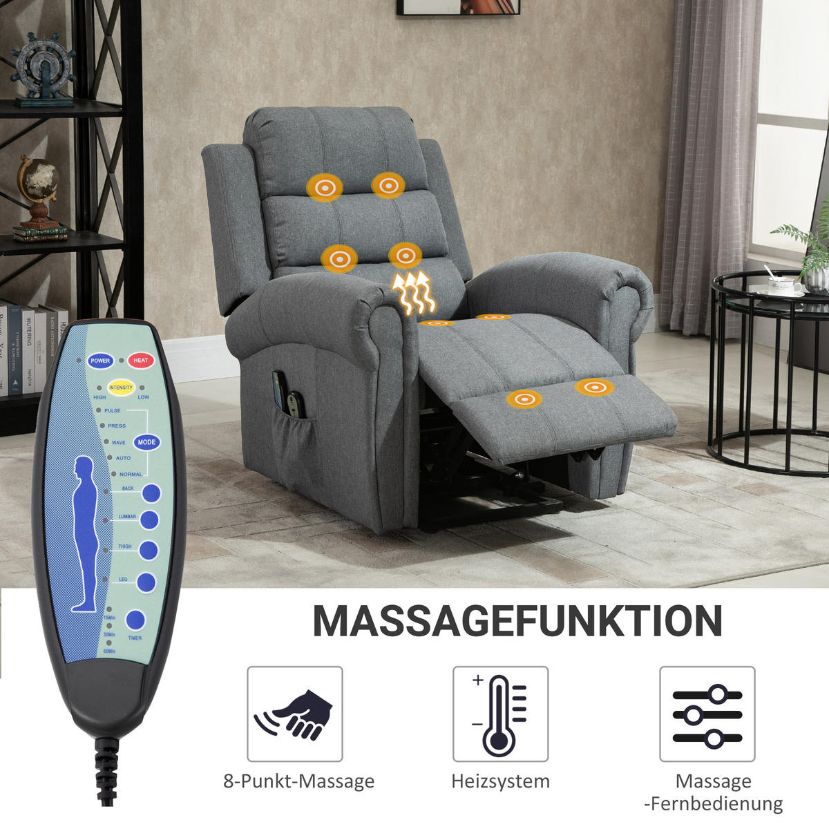 MASSAGESESSEL Wärmefunktion Massagestuhl Aufstehfunktion Fernbedienung Leinen - Grau, Textil (91/106/90cm) - HOMCOM
