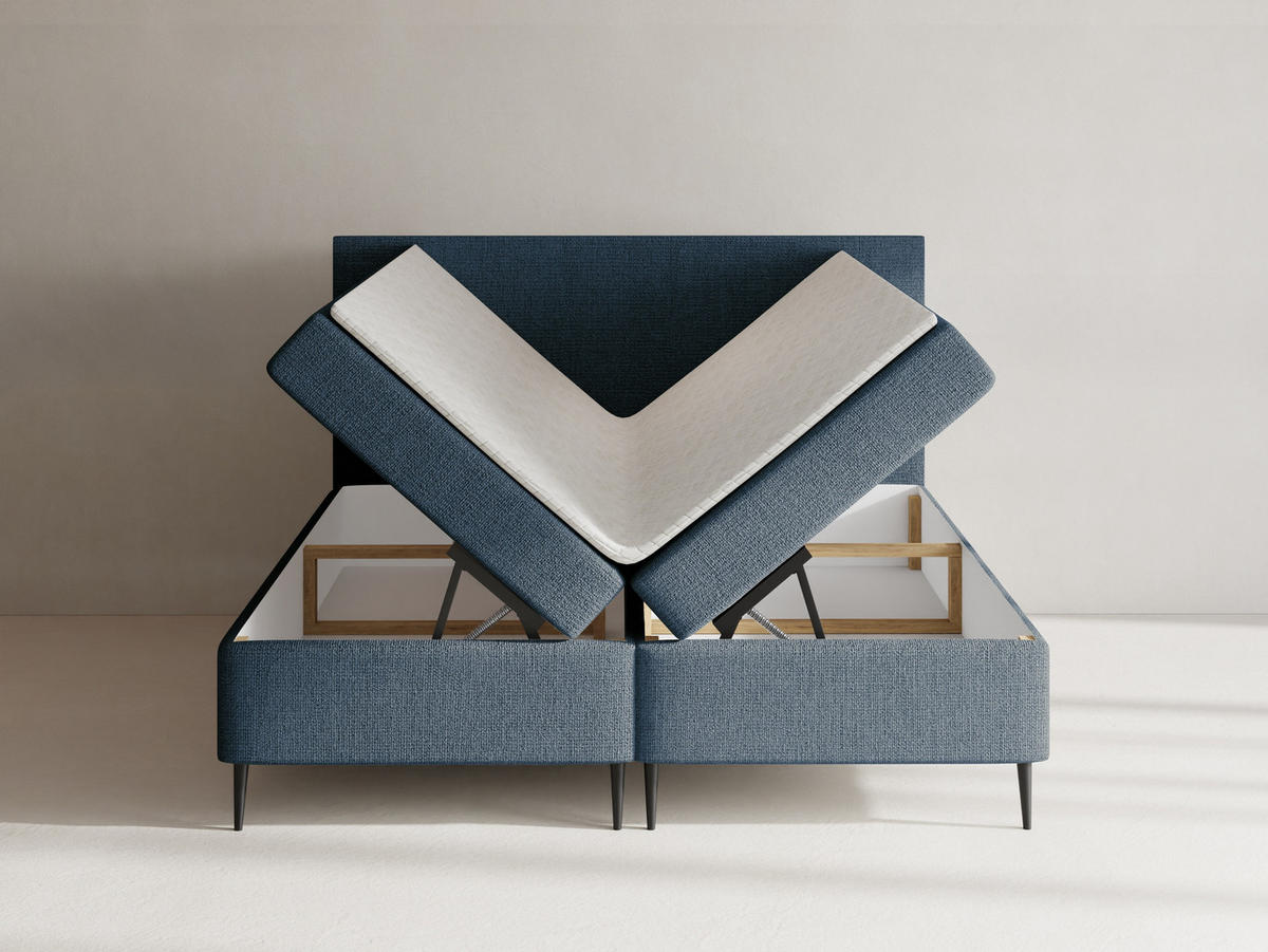 BOXBETT Alba Rise mit Bettkasten, Dunkelblau Chenille 140x200 cm – inkl. H4 Taschenfederkern Matratze & Foam Topper - Blau/Schwarz, Holz/Textil (140/200cm) - WFL GROUP