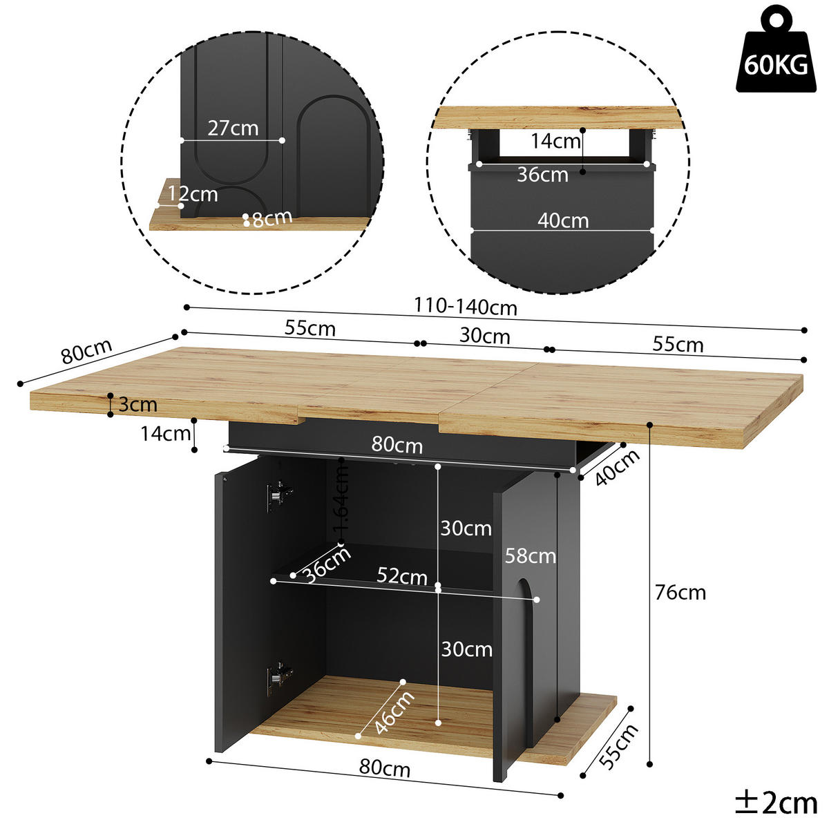 AUSZIEHBARER Esstisch aus MDF mit Stauraum, 110-140/80/76 cm, Schwarz - Schwarz, Holzwerkstoff (110/80/76cm) - Redom