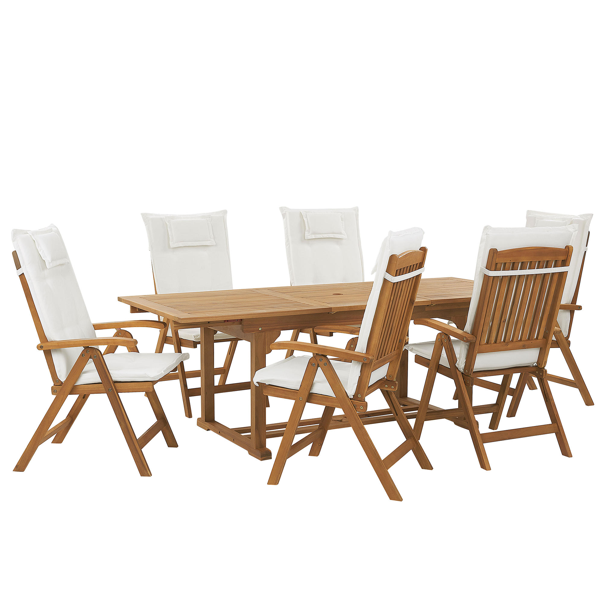 GARTENMÖBEL-SET 6-Sitzer Akazienholz Auflagen cremeweiß Java - Hellbraun/Weiß, Holz - Beliani