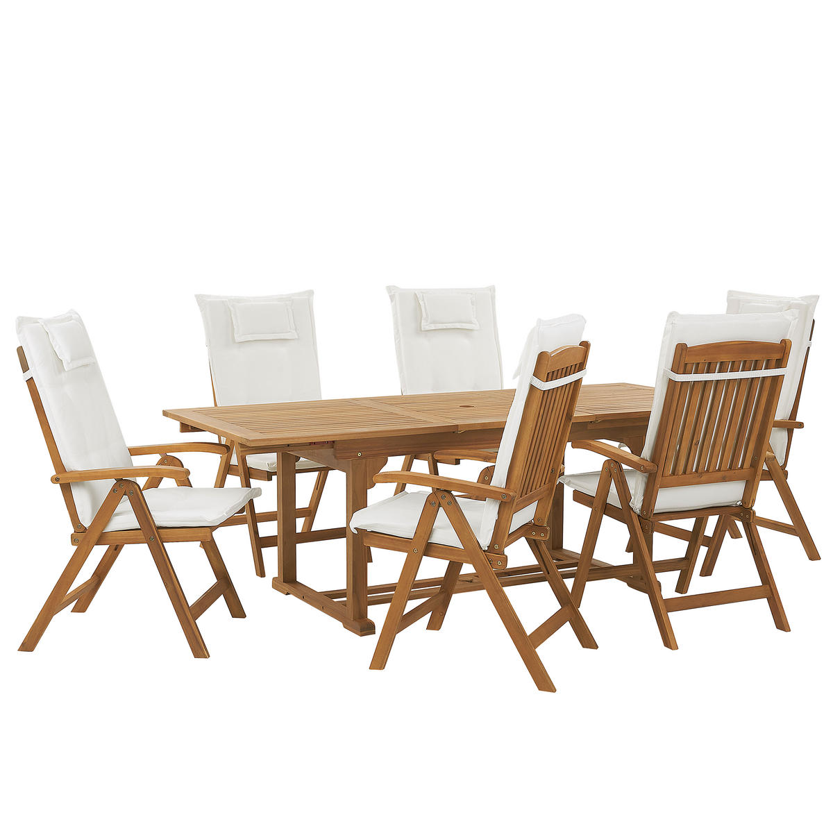 GARTENMÖBEL-SET 6-Sitzer Akazienholz Auflagen cremeweiß Java - Hellbraun/Weiß, Holz - Beliani
