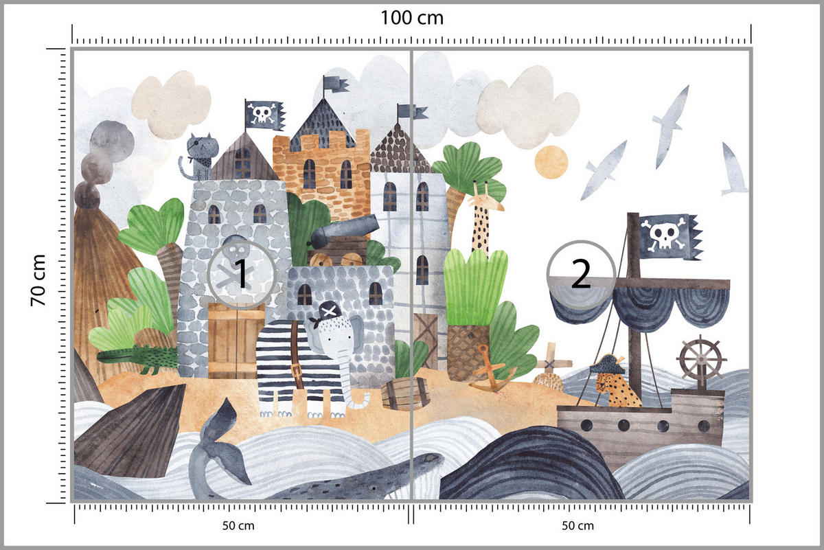 FOTOTAPETE für Kinderzimmer Märchen Piratenfestung Schiff Meereswellen 100x70 - Blau/Beige, Papier (100/70cm) - Muralo