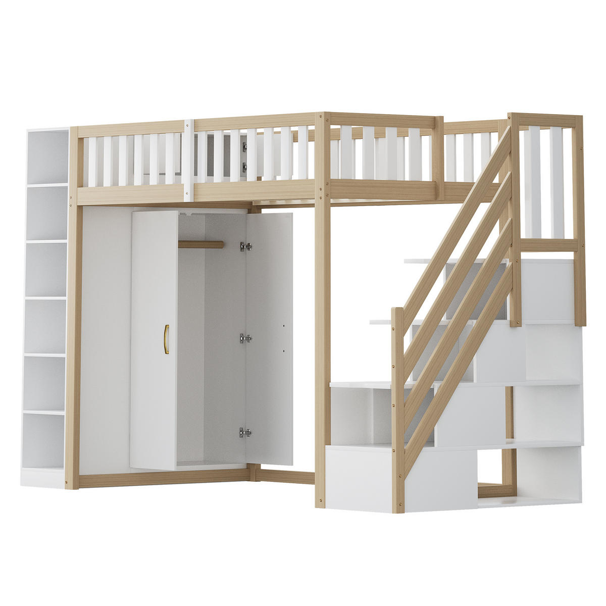 HOCHBETT 90/200 cm Weiß Naturholz mit Kleiderschrank Regalen und Stauraumleiter - Weiß, Holzwerkstoff (90/200cm) - OKWISH