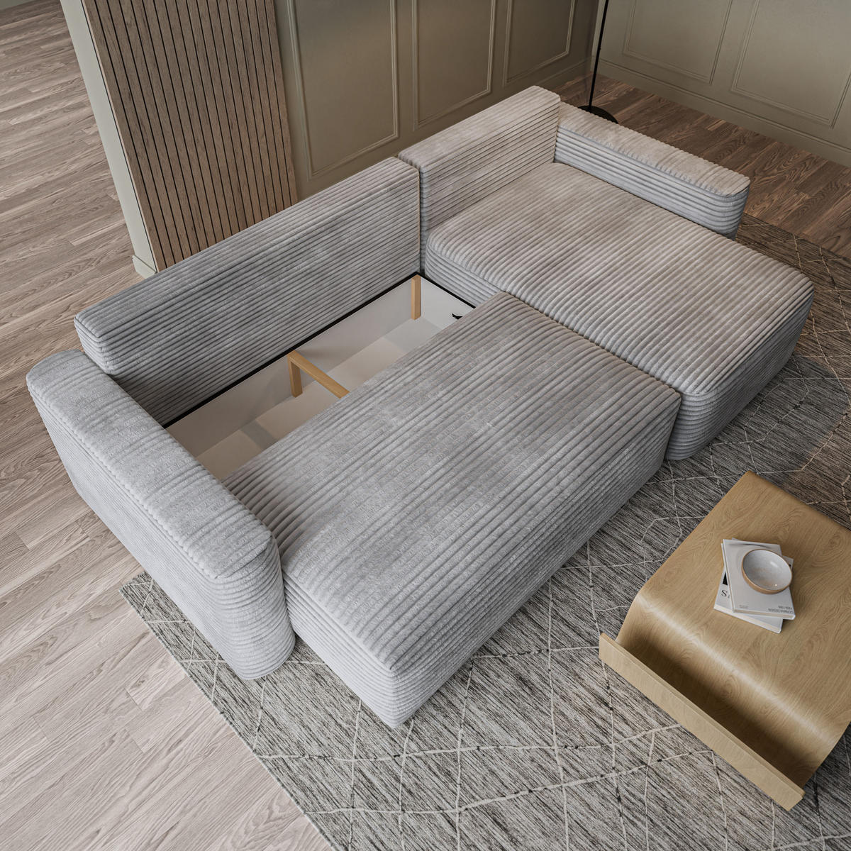ECKSOFA NERI T Hellgrau Kordstoff mit Schlaffunktion - Hellgrau, Holzwerkstoff/Textil (280/157cm) - MASSENO